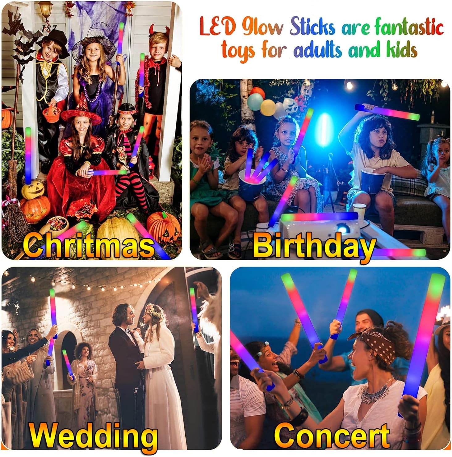 LifBetter Light Up Glow Sticks Bulk, LED Foam Sticks 100 Glow in The Dark with 3 Modes Flashing Led Foam Multicolor Batons Light up Party Favors for Birthdays, Weddings, Concerts, Festivals (102pcs)-4