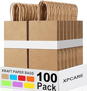 XPCARE 100Pcs Paper Gift Bags 5.25x3.25x8.25'', Small Paper Bags with Handles Bulk, Shopping Bags, Kraft Bags, Retail Bags, Party Bags Brown(Brown)