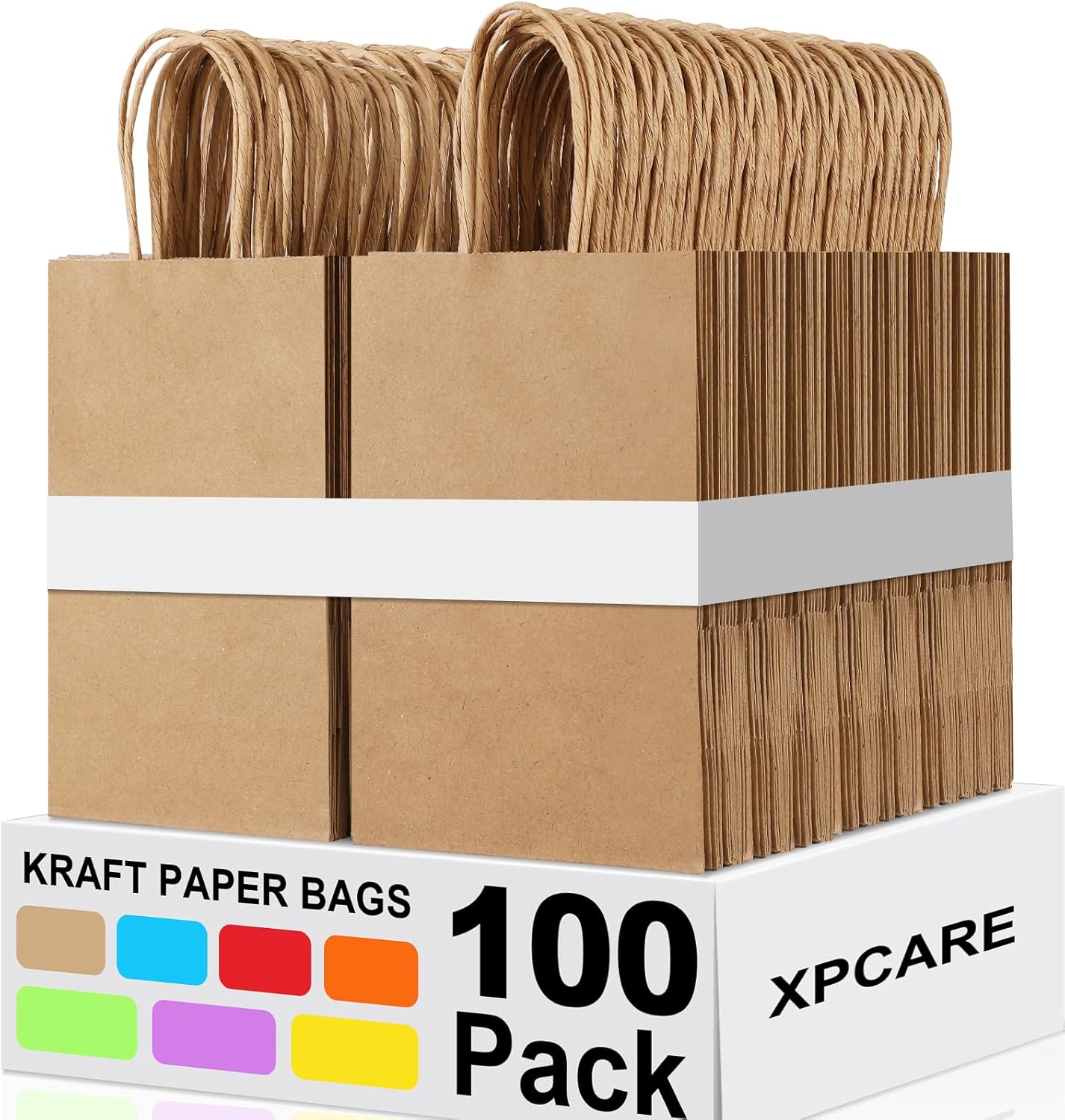 XPCARE 100Pcs Paper Gift Bags 5.25x3.25x8.25'', Small Paper Bags with Handles Bulk, Shopping Bags, Kraft Bags, Retail Bags, Party Bags Brown(Brown)-0