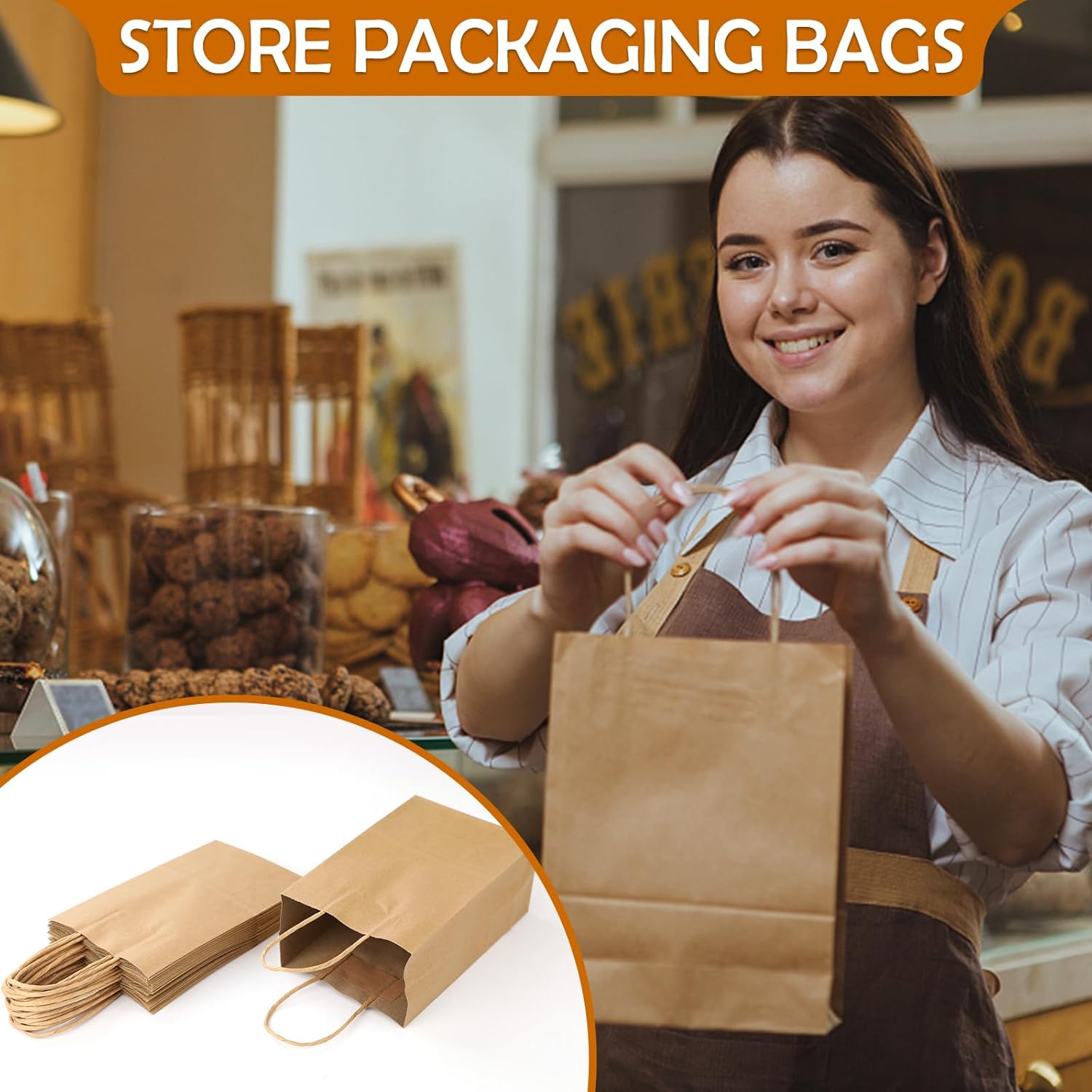 XPCARE 100Pcs Paper Gift Bags 5.25x3.25x8.25'', Small Paper Bags with Handles Bulk, Shopping Bags, Kraft Bags, Retail Bags, Party Bags Brown(Brown)-3