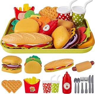 BUYGER Fast Food Play Food Toys for Kids Toddler Children Toy Kitchen Accessories Playset Plastic Toy Food Sets Pretend Play Gifts for 3 4 5+ Years Old