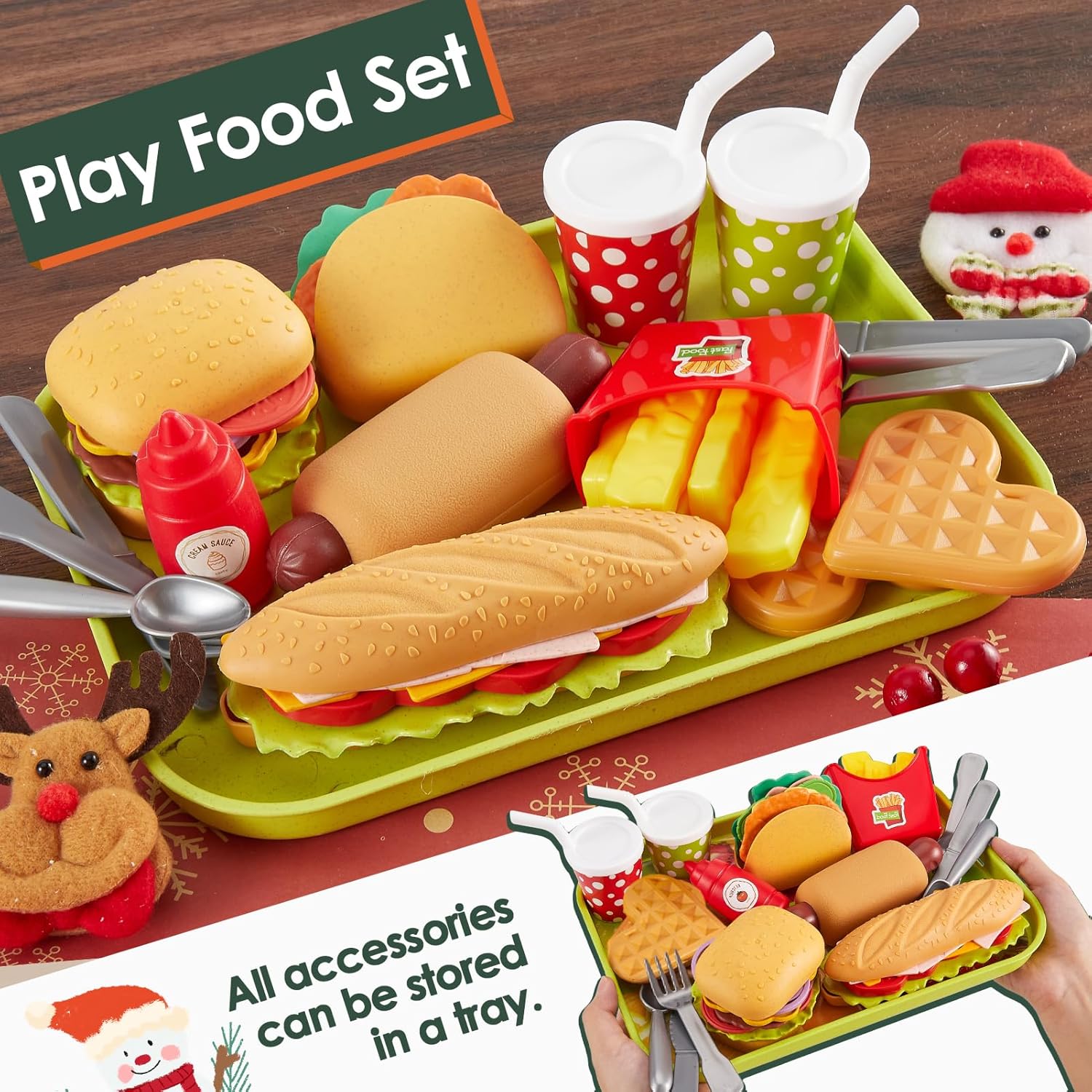 BUYGER Fast Food Play Food Toys for Kids Toddler Children Toy Kitchen Accessories Playset Plastic Toy Food Sets Pretend Play Gifts for 3 4 5+ Years Old-3