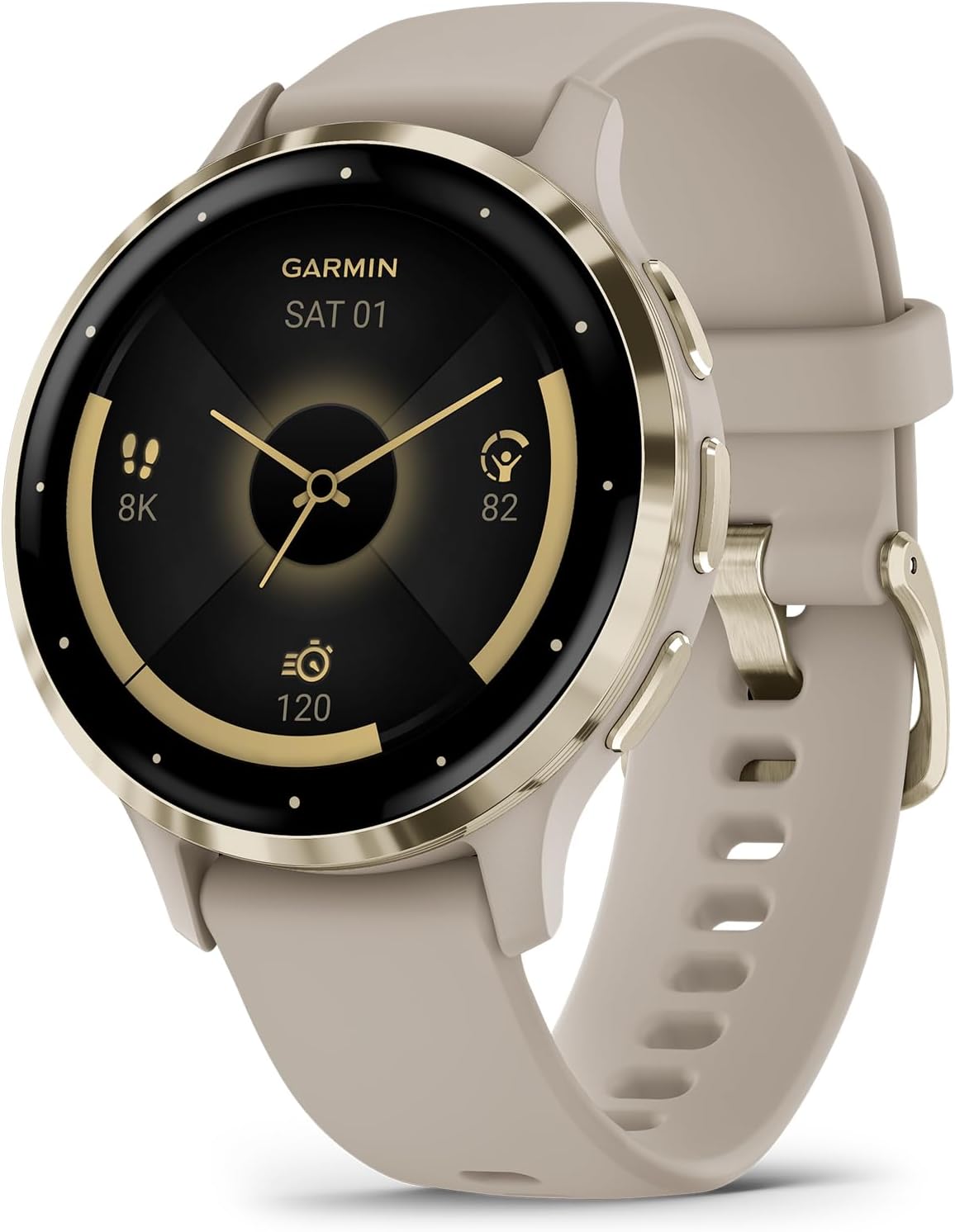 Garmin Venu 3S Soft Gold Stainless Steel Bezel 1.2-Inch AMOLED Touchscreen Display Smart Watch with 41mm French Gray Case and Silicone Band-0