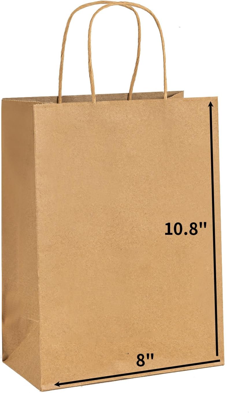 METAPRINT 100 Pack 8x4.5x10.8 Inch Medium Paper Gift Bags with Handles Bulk, Brown Kraft Paper Bags for Grocery Shopping Retail Bags, Birthday Party Favors Wedding Bags-0