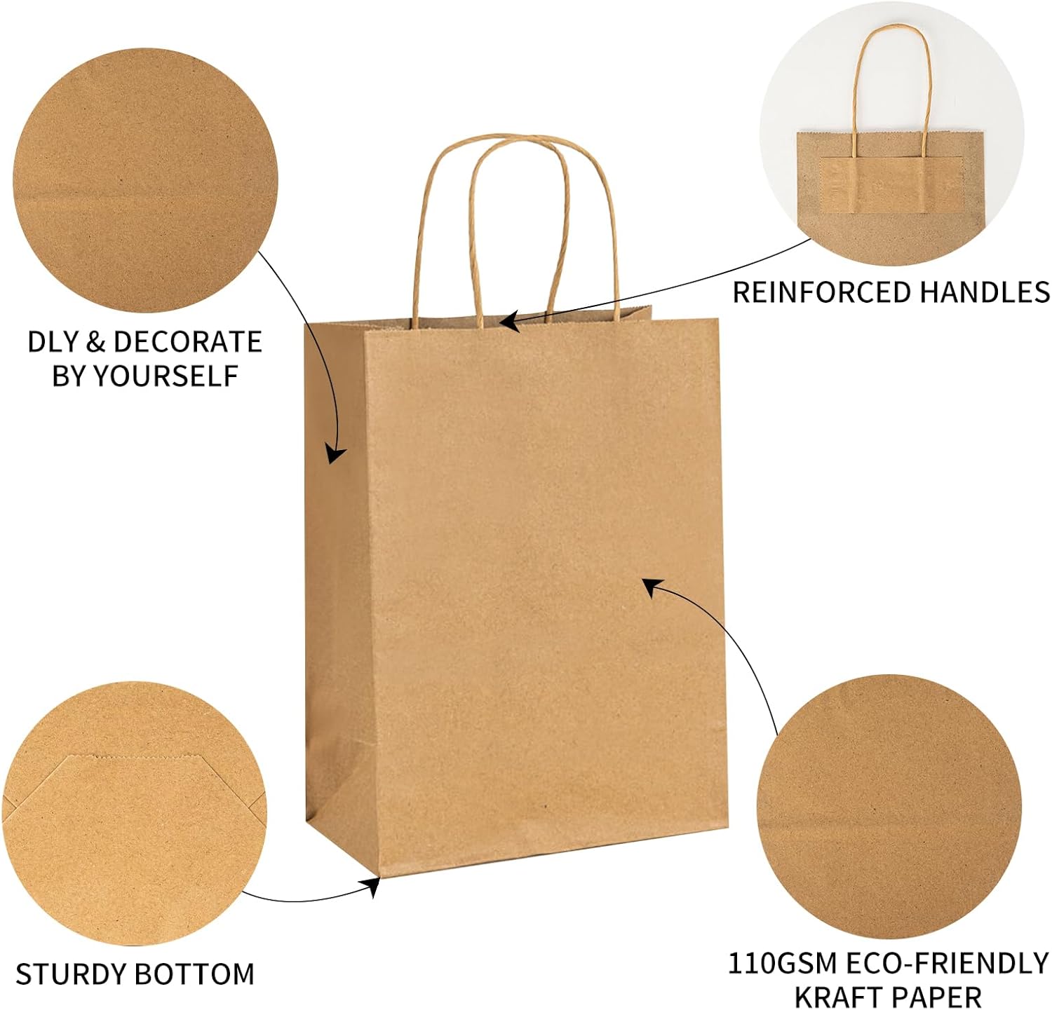 METAPRINT 100 Pack 8x4.5x10.8 Inch Medium Paper Gift Bags with Handles Bulk, Brown Kraft Paper Bags for Grocery Shopping Retail Bags, Birthday Party Favors Wedding Bags-2