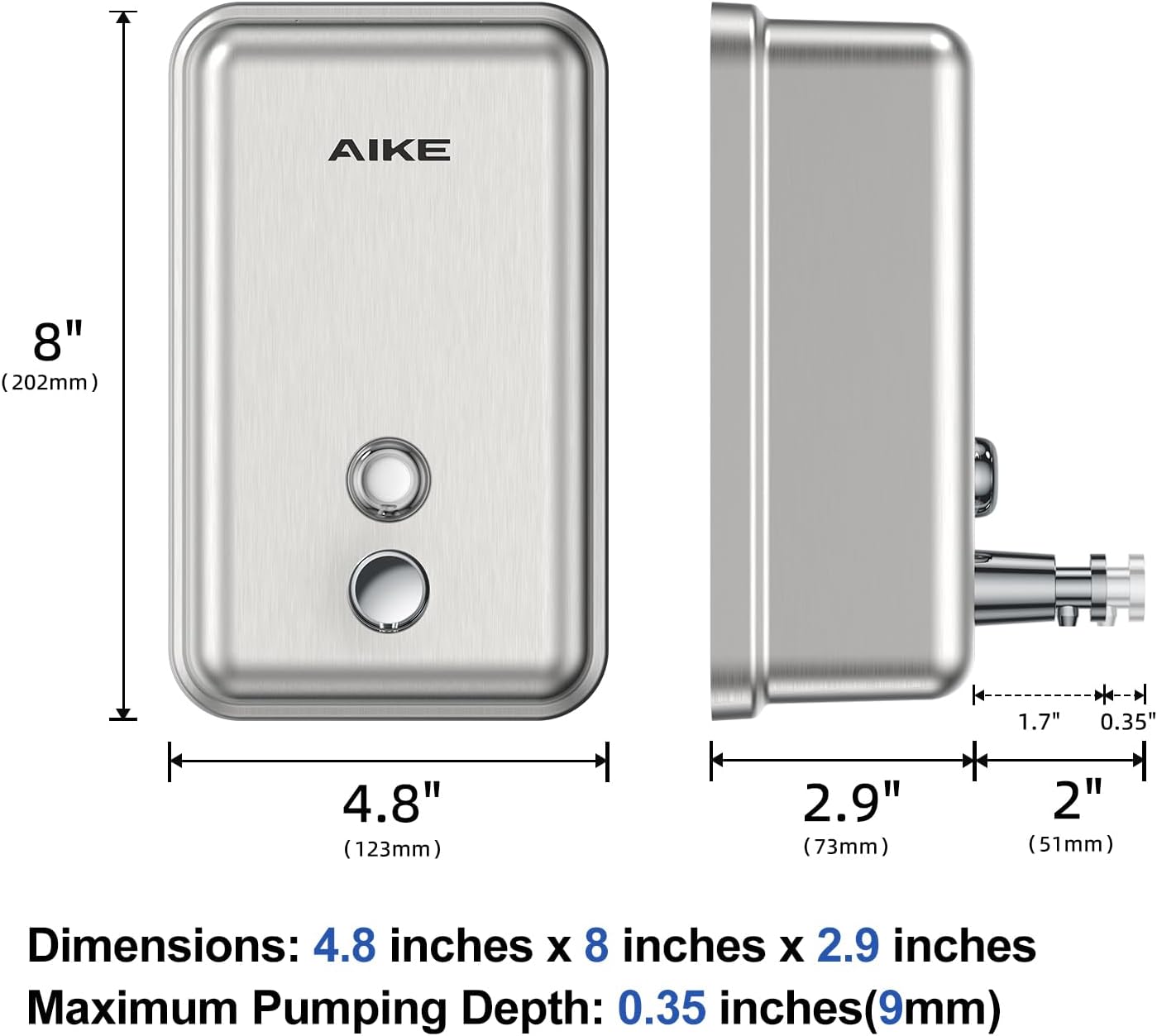 AIKE 37oz Surface Mount Stainless Steel Soap Dispenser for Commercial,Brushed Stianless Steel Finish Model AK1003-5