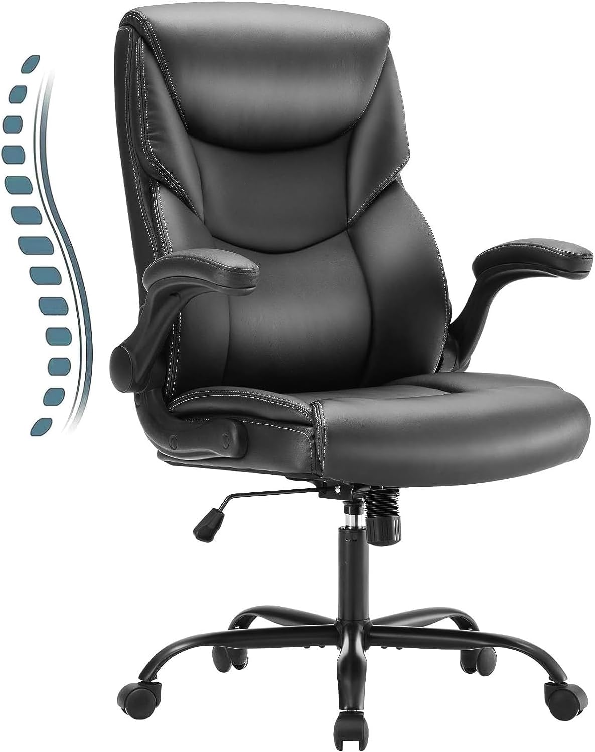 Sweetcrispy Computer Gaming Chair, Ergonomic Office Chair Heavy Duty Task Desk Chair with Flip-up Arms, PU Leather, Adjustable Swivel Rolling Chair with Wheels, Black-0