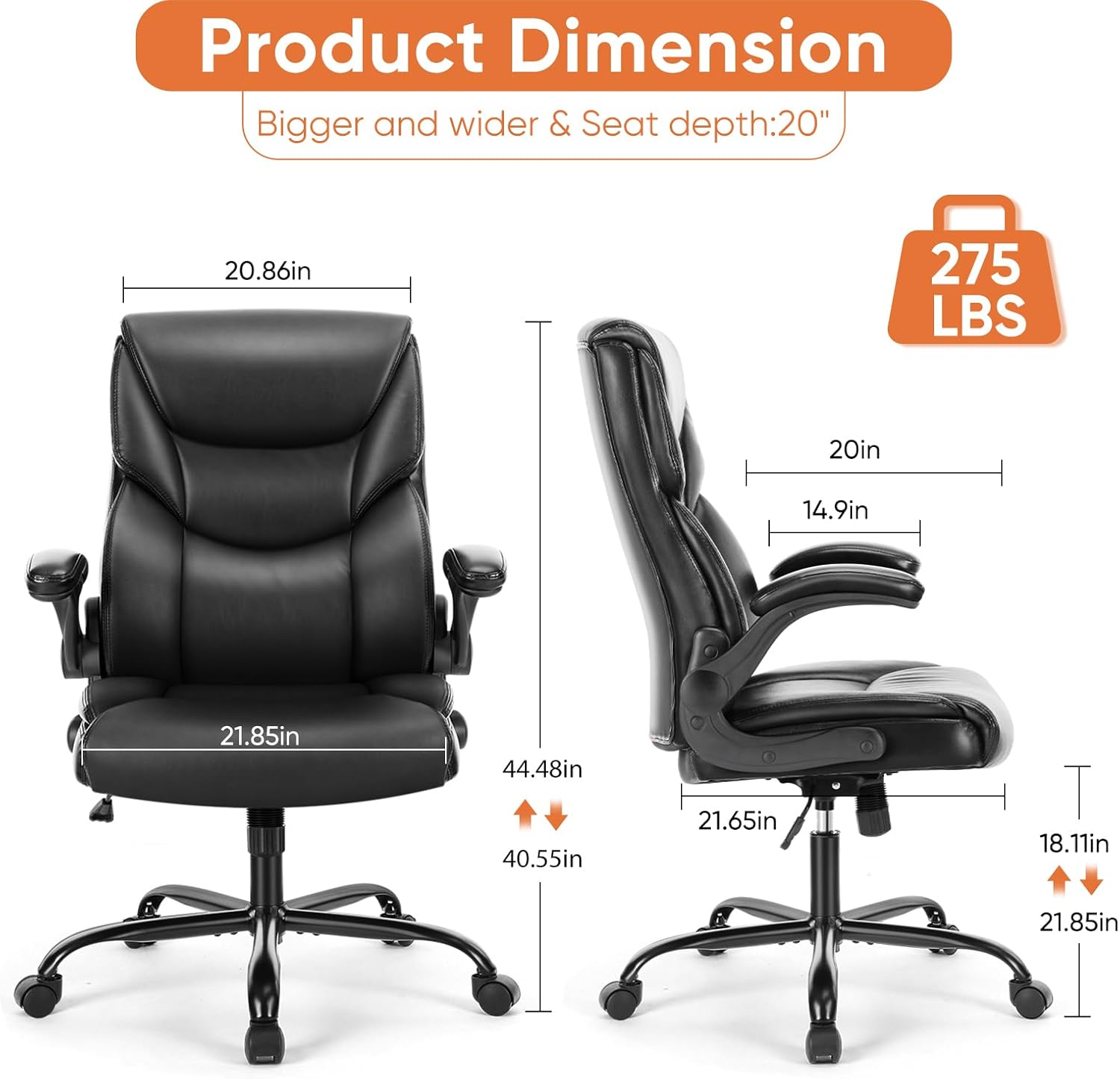 Sweetcrispy Computer Gaming Chair, Ergonomic Office Chair Heavy Duty Task Desk Chair with Flip-up Arms, PU Leather, Adjustable Swivel Rolling Chair with Wheels, Black-2