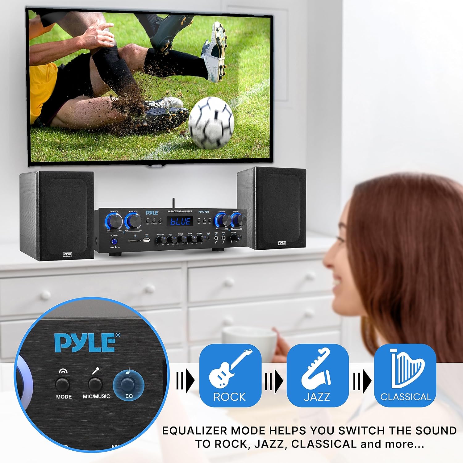 Pyle Bluetooth Home Audio Theater Amplifier Stereo Receiver 4 Channel 800 Watt Sound System w/MP3, USB, SD, AUX, RCA, FM,MIC, Headphone, Reverb Delay, LED Vol, for Home/Studio/Theater Speakers-5