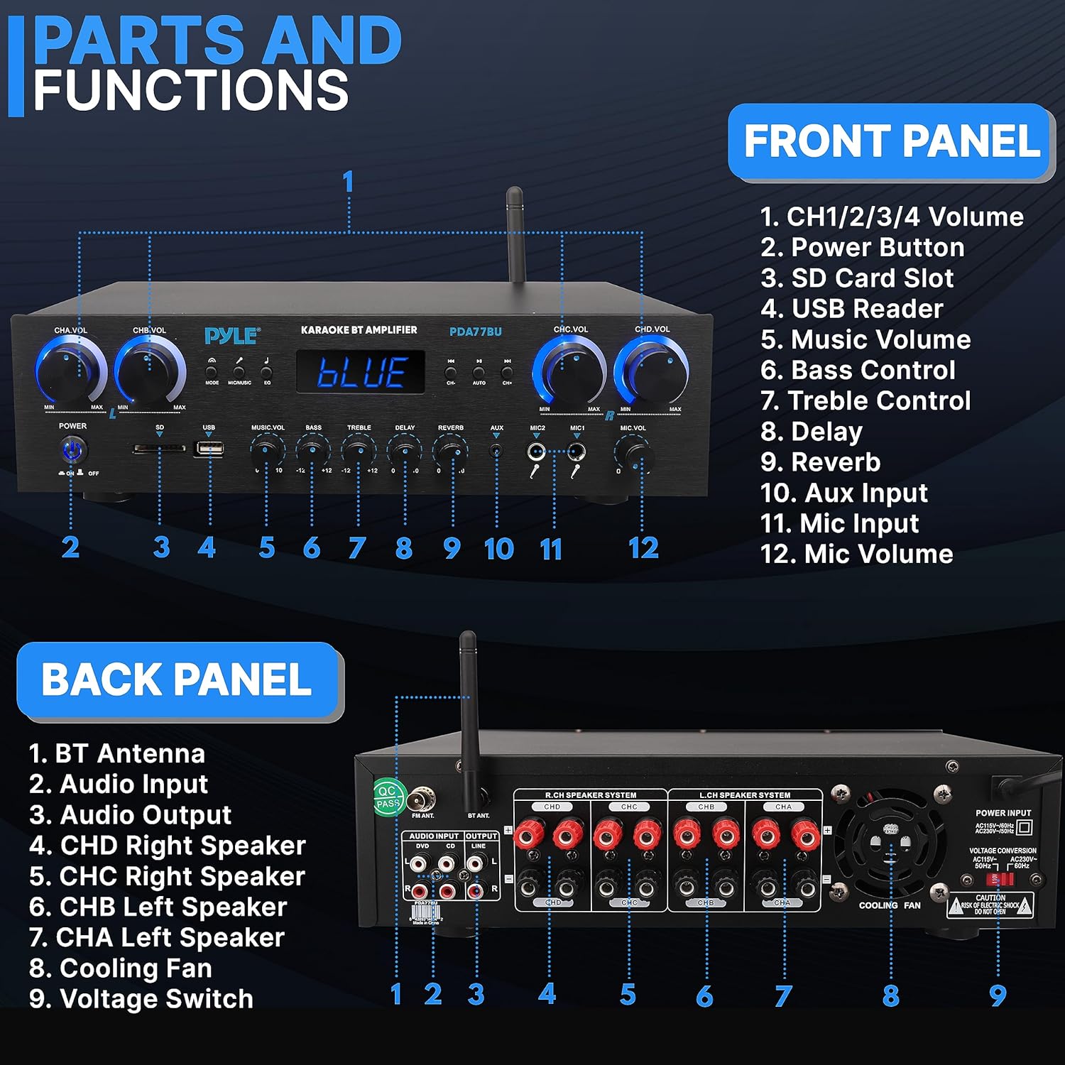 Pyle Bluetooth Home Audio Theater Amplifier Stereo Receiver 4 Channel 800 Watt Sound System w/MP3, USB, SD, AUX, RCA, FM,MIC, Headphone, Reverb Delay, LED Vol, for Home/Studio/Theater Speakers-6