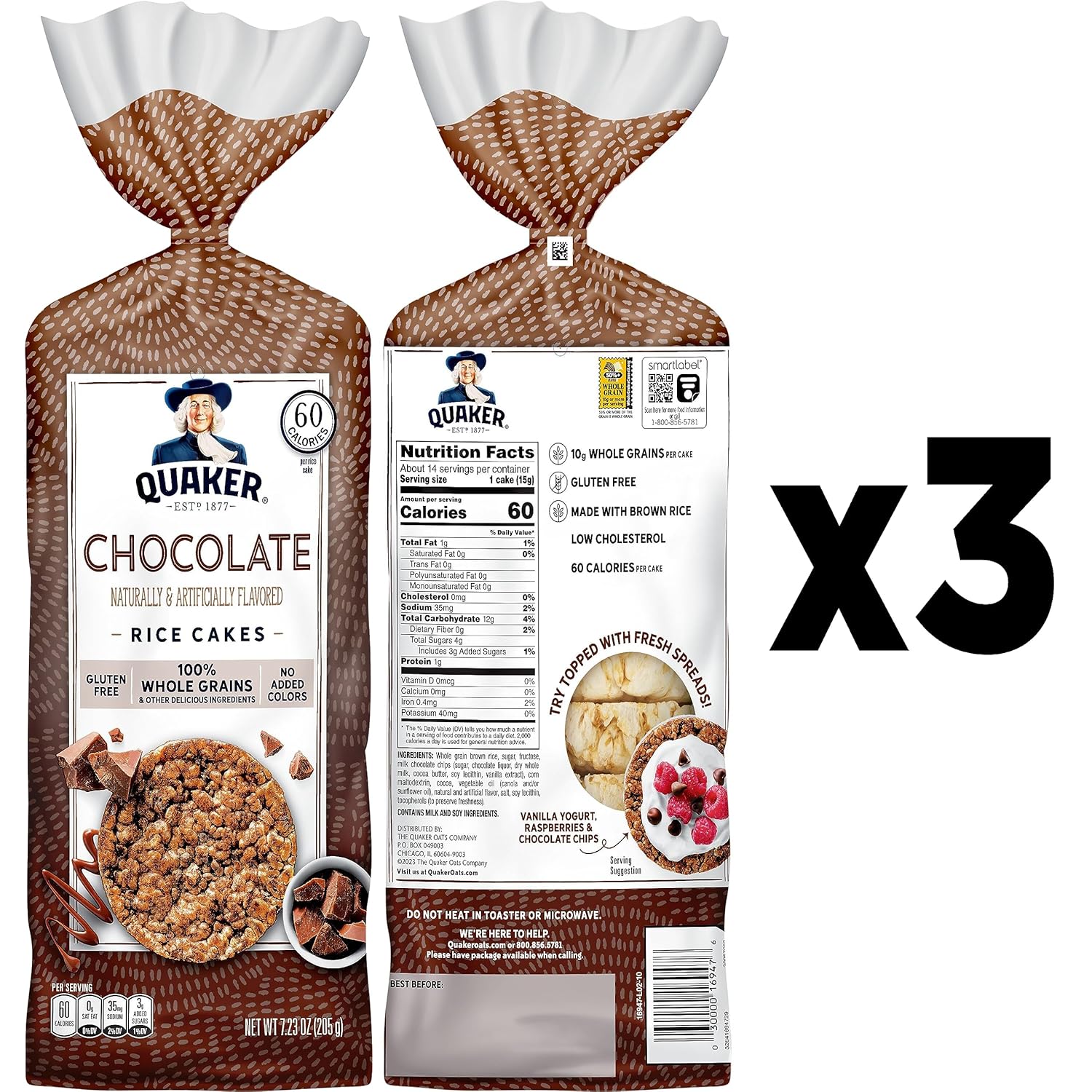 Quaker Large Rice Cakes, Chocolate, 7.23 oz Bags, (3 Pack), Gluten Free, Whole Grain, No Added Colors-1