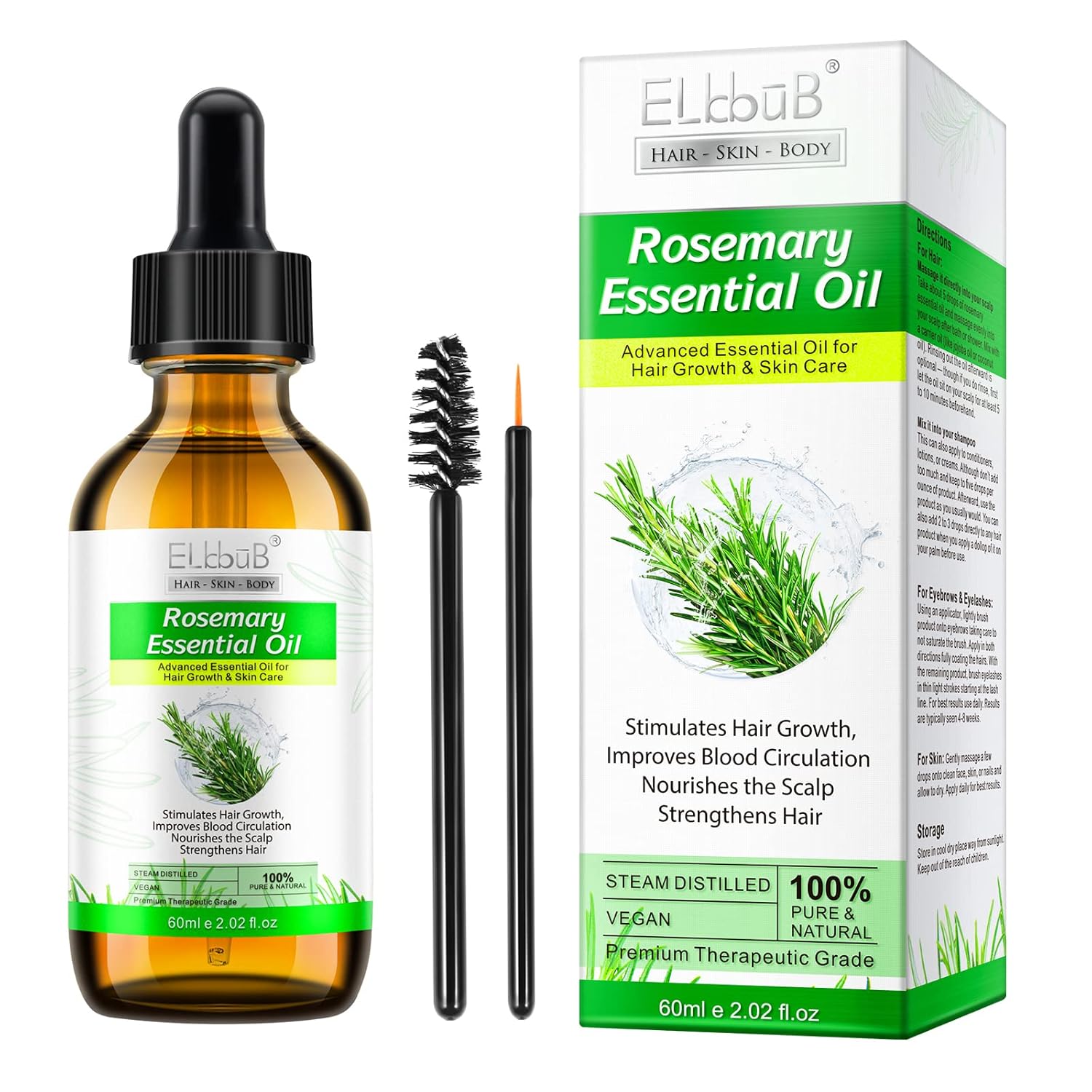 100% Pure Rosemary Essential Oil for Skin Care & Stimulates Hair Growth for Men Women -60ml, Nourishes The Scalp, , Versatile Usage for Eyebrow and Eyelash-0