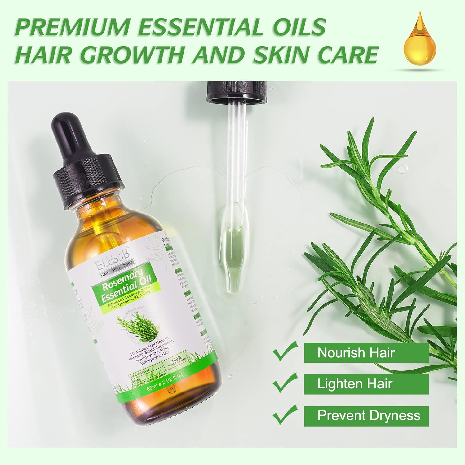 100% Pure Rosemary Essential Oil for Skin Care & Stimulates Hair Growth for Men Women -60ml, Nourishes The Scalp, , Versatile Usage for Eyebrow and Eyelash-4