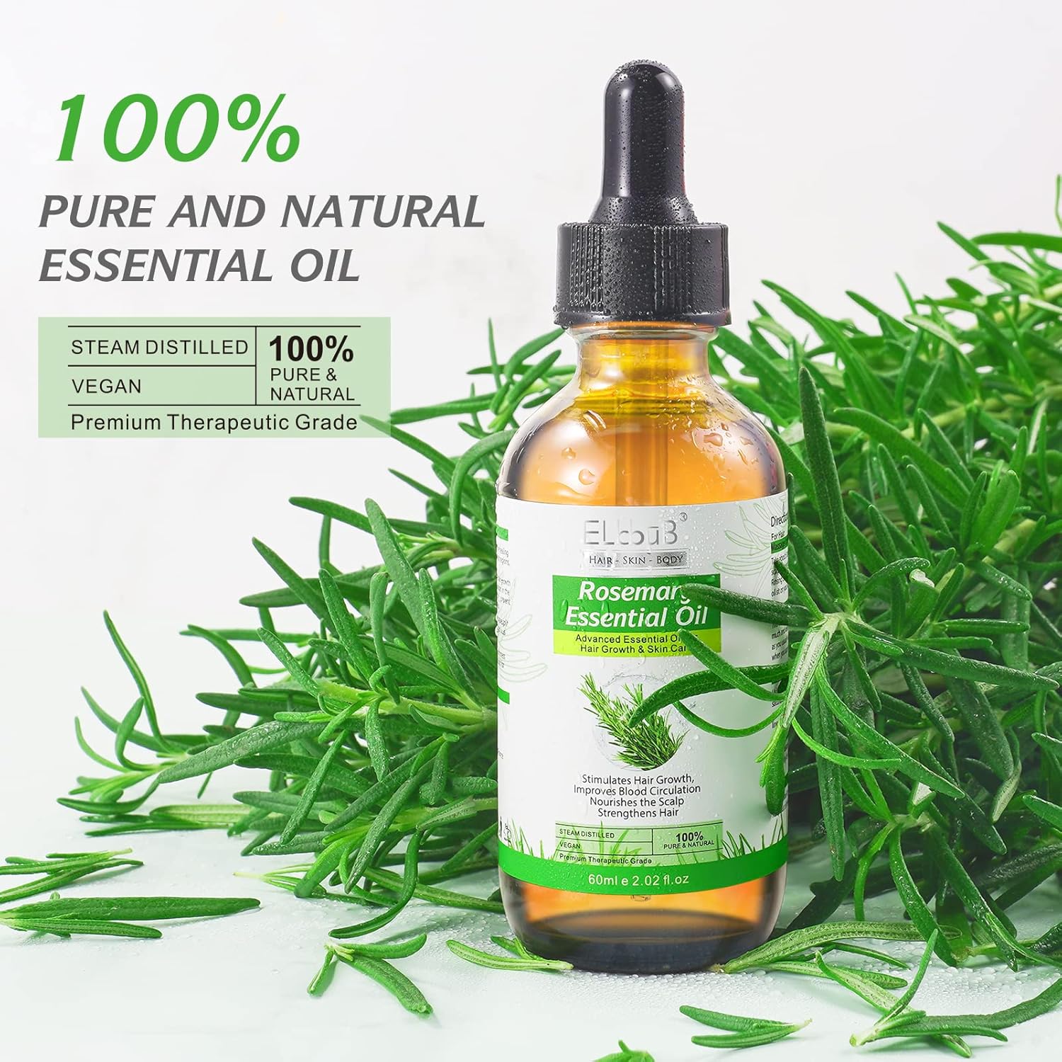 100% Pure Rosemary Essential Oil for Skin Care & Stimulates Hair Growth for Men Women -60ml, Nourishes The Scalp, , Versatile Usage for Eyebrow and Eyelash-6