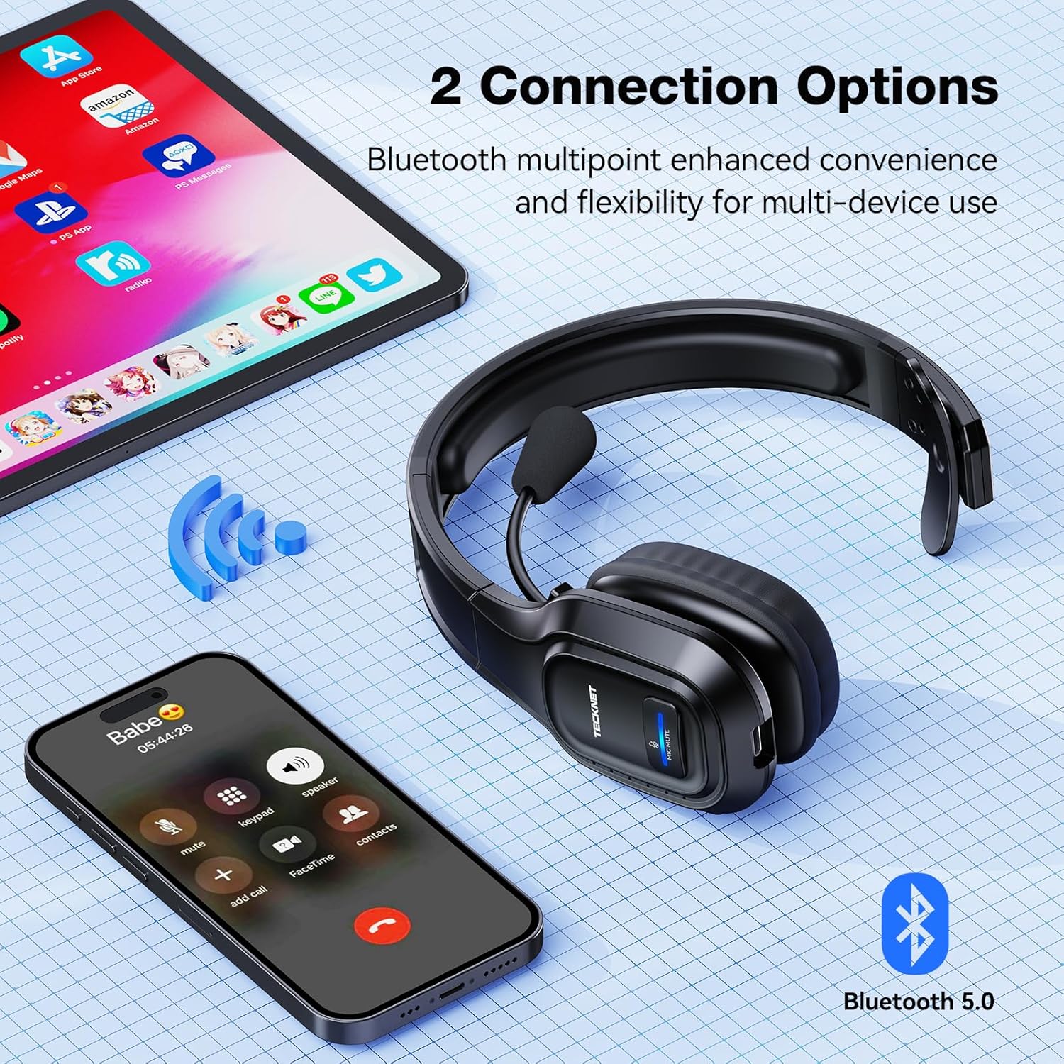 TECKNET Bluetooth Wireless Headset with Microphone for PC, Trucker Bluetooth Headset with AI Noise Cancelling & Mute Button, Bluetooth Headset for Computer Work from Home Office Call Center-4