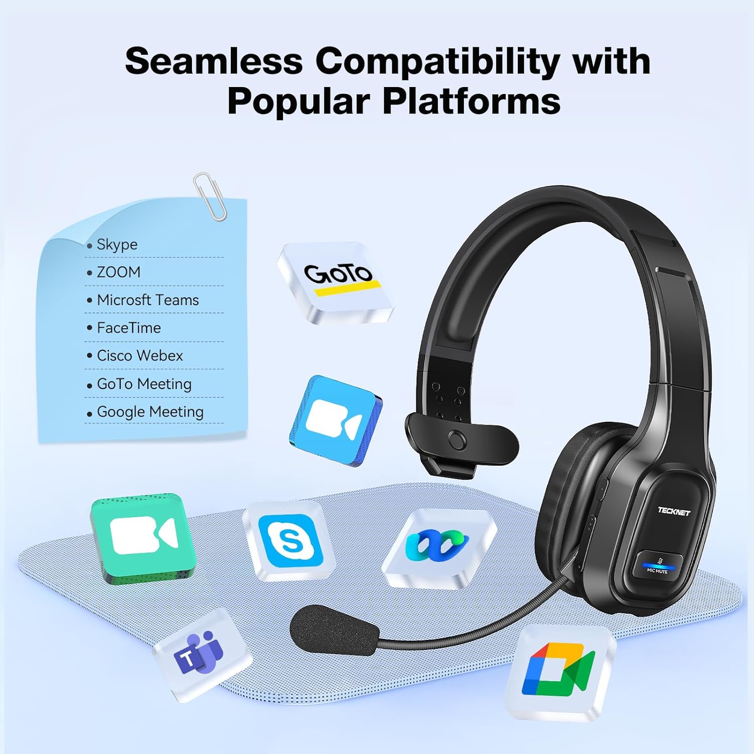 TECKNET Bluetooth Wireless Headset with Microphone for PC, Trucker Bluetooth Headset with AI Noise Cancelling & Mute Button, Bluetooth Headset for Computer Work from Home Office Call Center-5