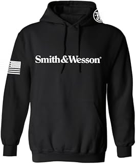 Smith & Wesson Officially Licensed Men's Long Sleeve Solid Graphic Hoodie with American Flag and S&W Logo Pullover Sweatshirt