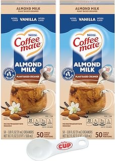 Nestle Coffee mate Plant Based Liquid Coffee Creamer Singles, Vanilla Flavored Almond Milk, 50 Ct Box (Pack of 2) with By The Cup Coffee Scoop