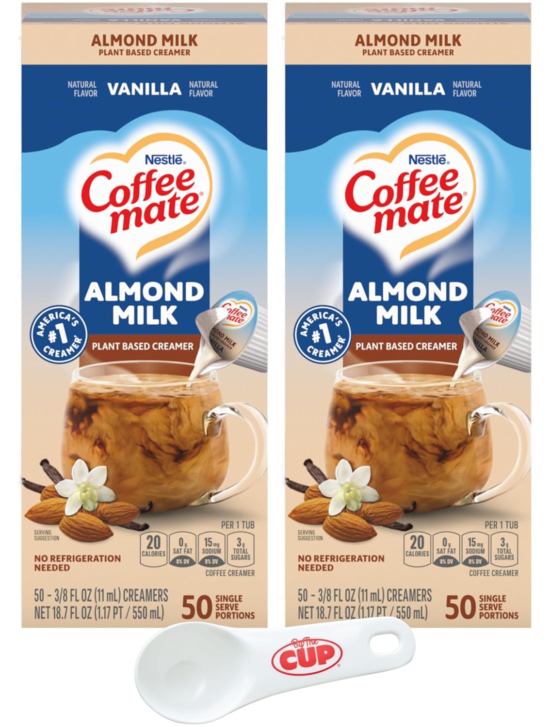 Nestle Coffee mate Plant Based Liquid Coffee Creamer Singles, Vanilla Flavored Almond Milk, 50 Ct Box (Pack of 2) with By The Cup Coffee Scoop-0