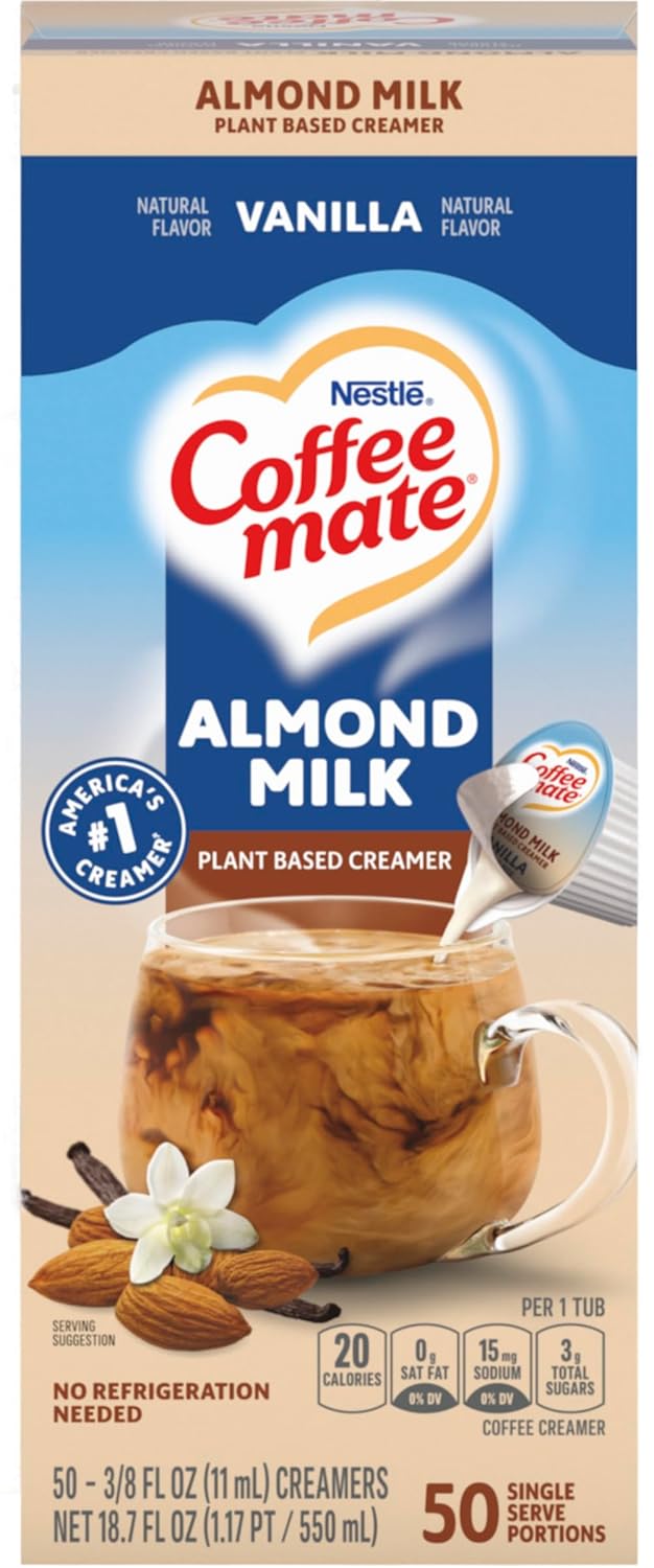 Nestle Coffee mate Plant Based Liquid Coffee Creamer Singles, Vanilla Flavored Almond Milk, 50 Ct Box (Pack of 2) with By The Cup Coffee Scoop-3