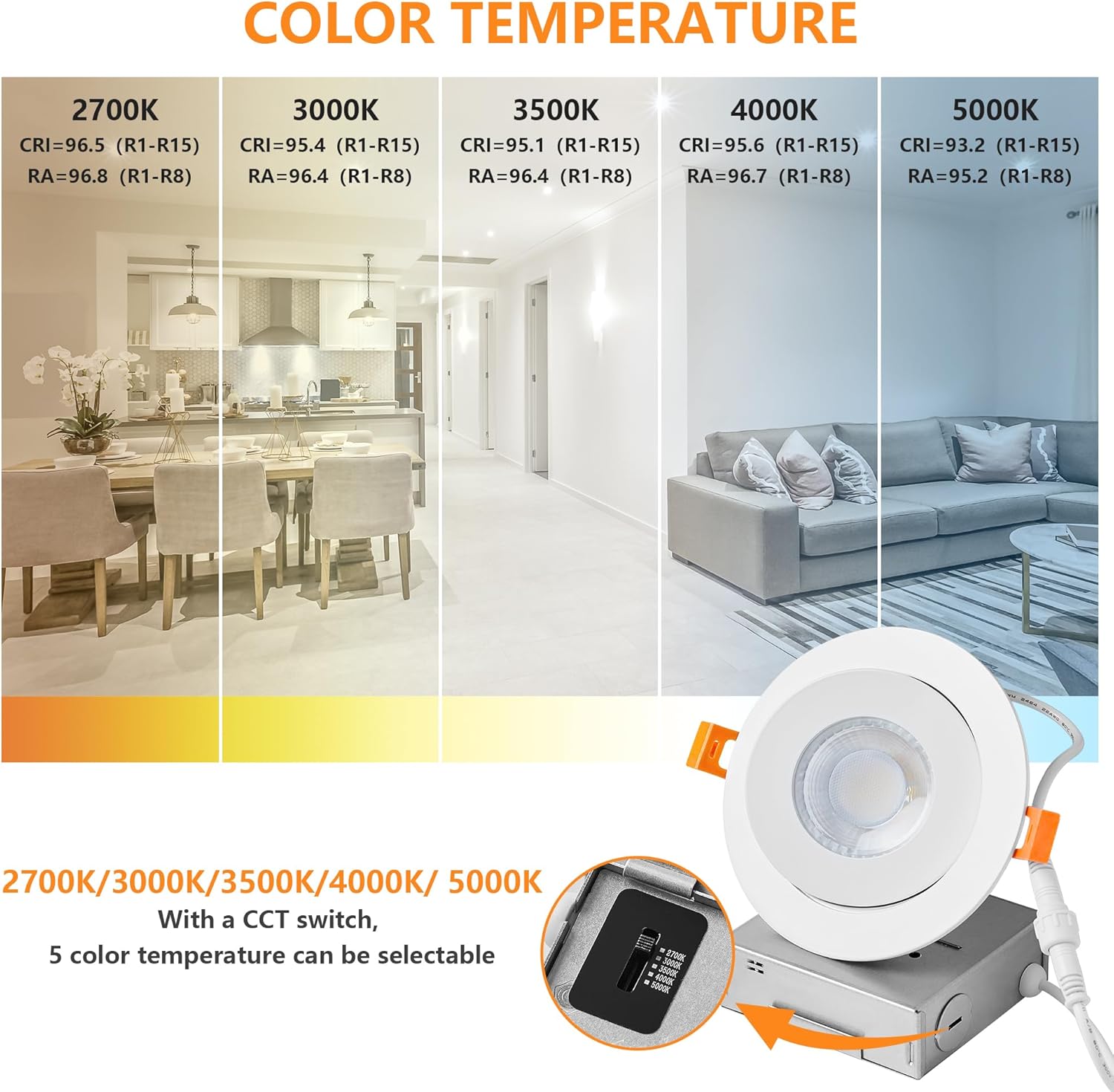 LMP 4 Pack LED Recessed Lighting 4 Inch, Selectable 2700K/3000K/3500K/4000K/5000K, Dimmable Canless Lights with Junction Box, 10W, 900 LM Brightness, CRI90+, Dimmable Can Lights Downlight-2