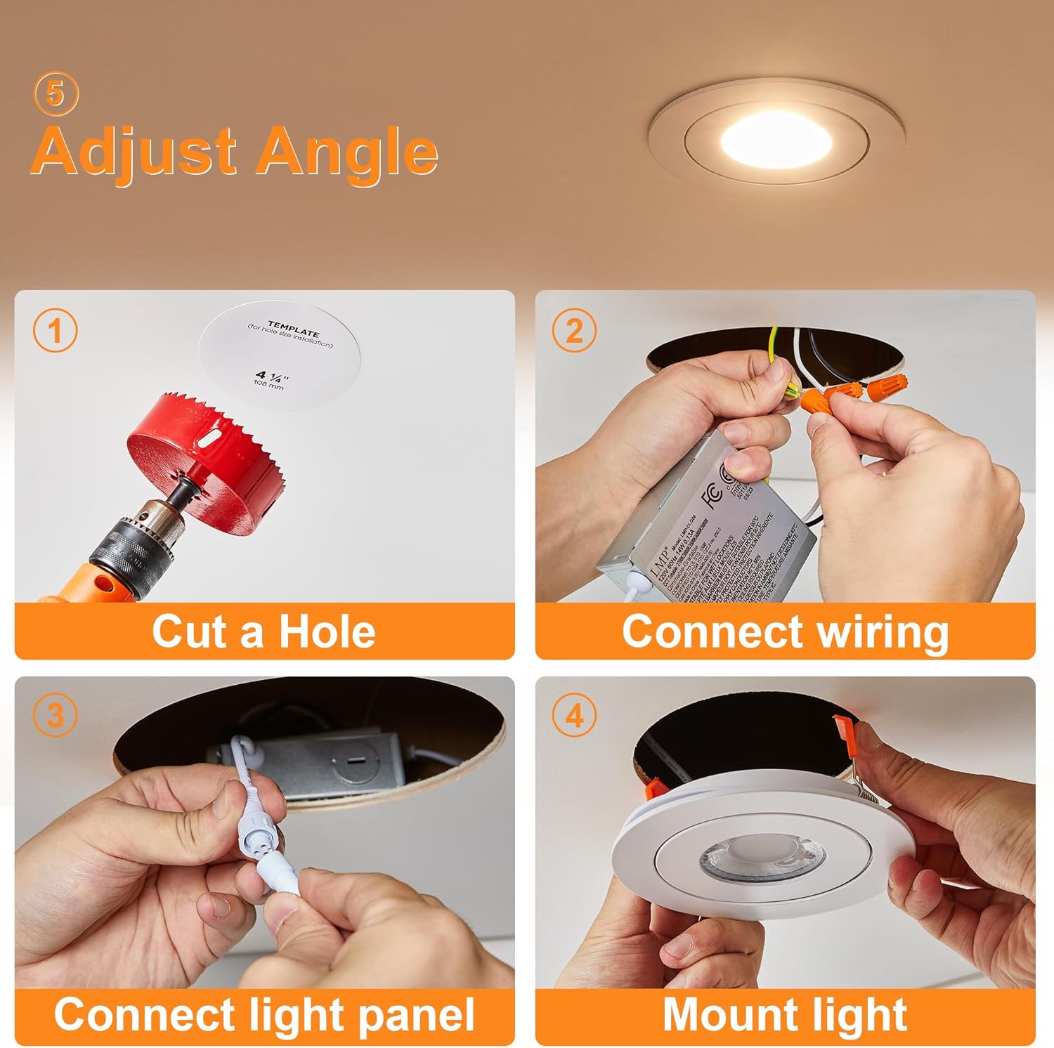 LMP 4 Pack LED Recessed Lighting 4 Inch, Selectable 2700K/3000K/3500K/4000K/5000K, Dimmable Canless Lights with Junction Box, 10W, 900 LM Brightness, CRI90+, Dimmable Can Lights Downlight-4