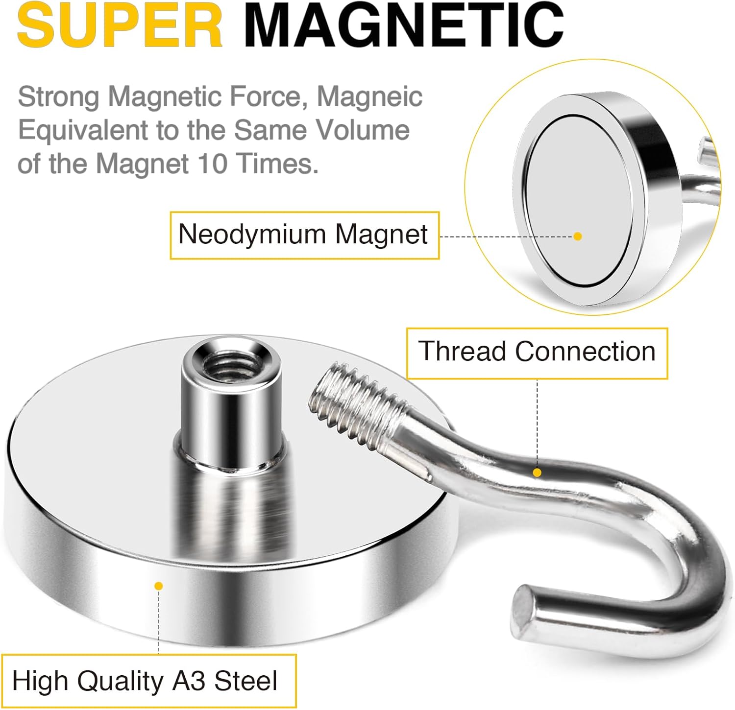 DIYMAG Strong Neodymium Magnetic Hooks, 150 Lbs Heavy Duty Rare Earth Magnets with Hook, Strong Corrosion Protection Facilitate Hook 3 Packs-3