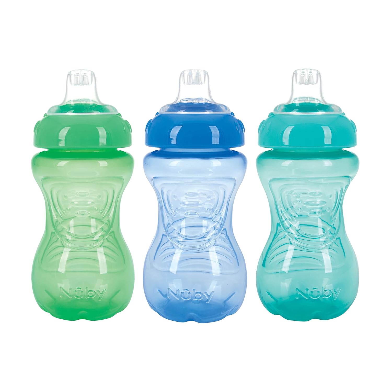 Nuby 3 Pack No Spill Toddler Sippy Cups - Toddler Cups Spill Proof with Easy and Firm Grip - Toddlers Cups - Blue, Aqua, Green-0