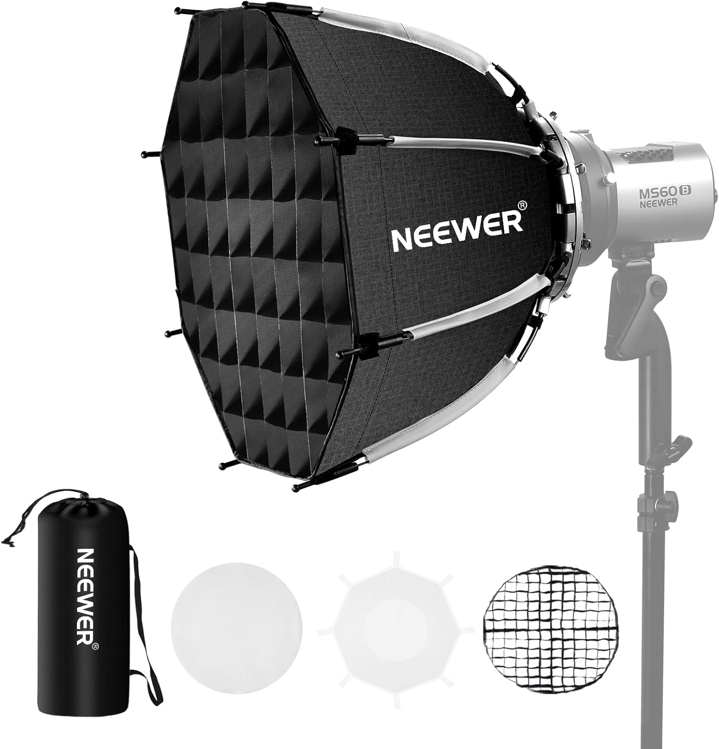 NEEWER 17.7"/45cm Octagonal Softbox Bowens Mount, Quick Folding Quick Set Up with Diffusers/Honeycomb Grid/Bag for Q4 RGB CB60 MS60B MS60C MS150B Compatible with Godox Aputure Video Studio Light, NS1P-0