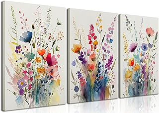 KISSFOX Framed Colorful Wildflower Canvas Wall Art Set Of 3 Flowers Pictures Prints Flowers Printing Floral Watercolors Flower wall Decor Living Room Girls Bedroom Bathroom