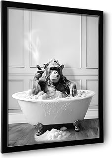 Framed Bathroom Decor Wall Art, Chimpanzee in Bathtub, Black and White Wall Art, Funny Bathroom Wall Decor Signs, Cute Animal Art for Bathroom (Framed,8''x10'')1