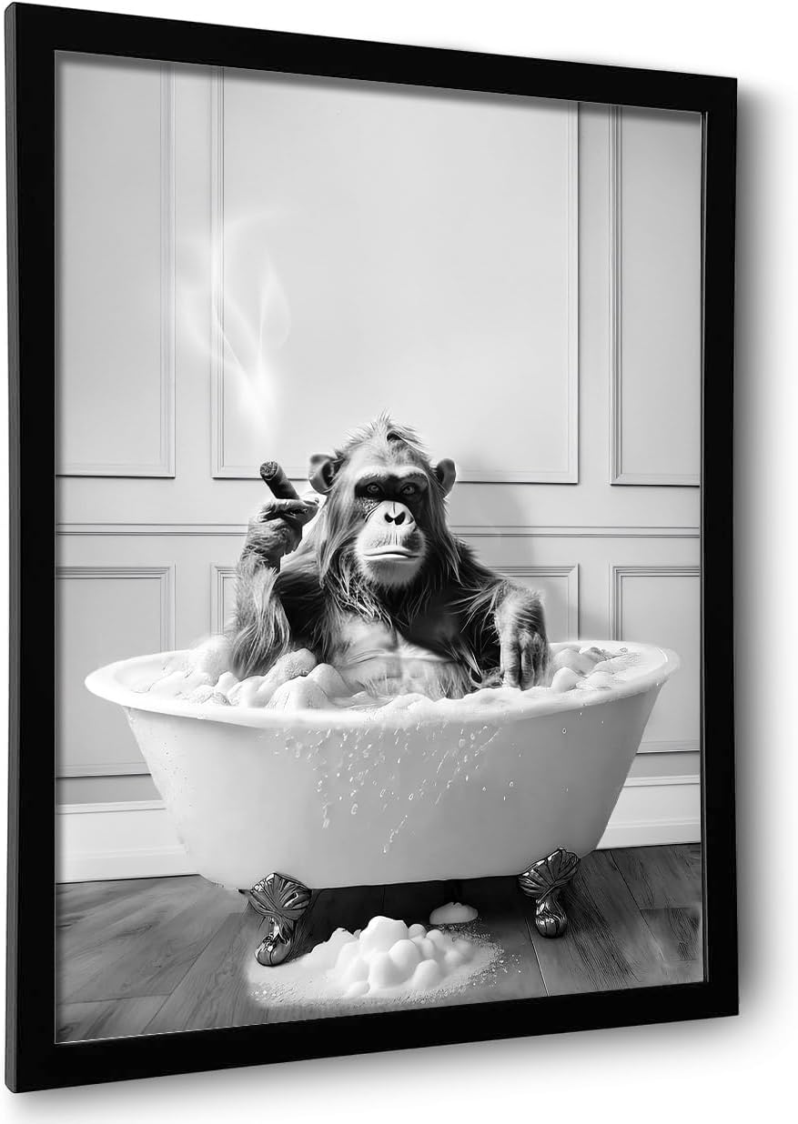 Framed Bathroom Decor Wall Art, Chimpanzee in Bathtub, Black and White Wall Art, Funny Bathroom Wall Decor Signs, Cute Animal Art for Bathroom (Framed,8''x10'')1-0