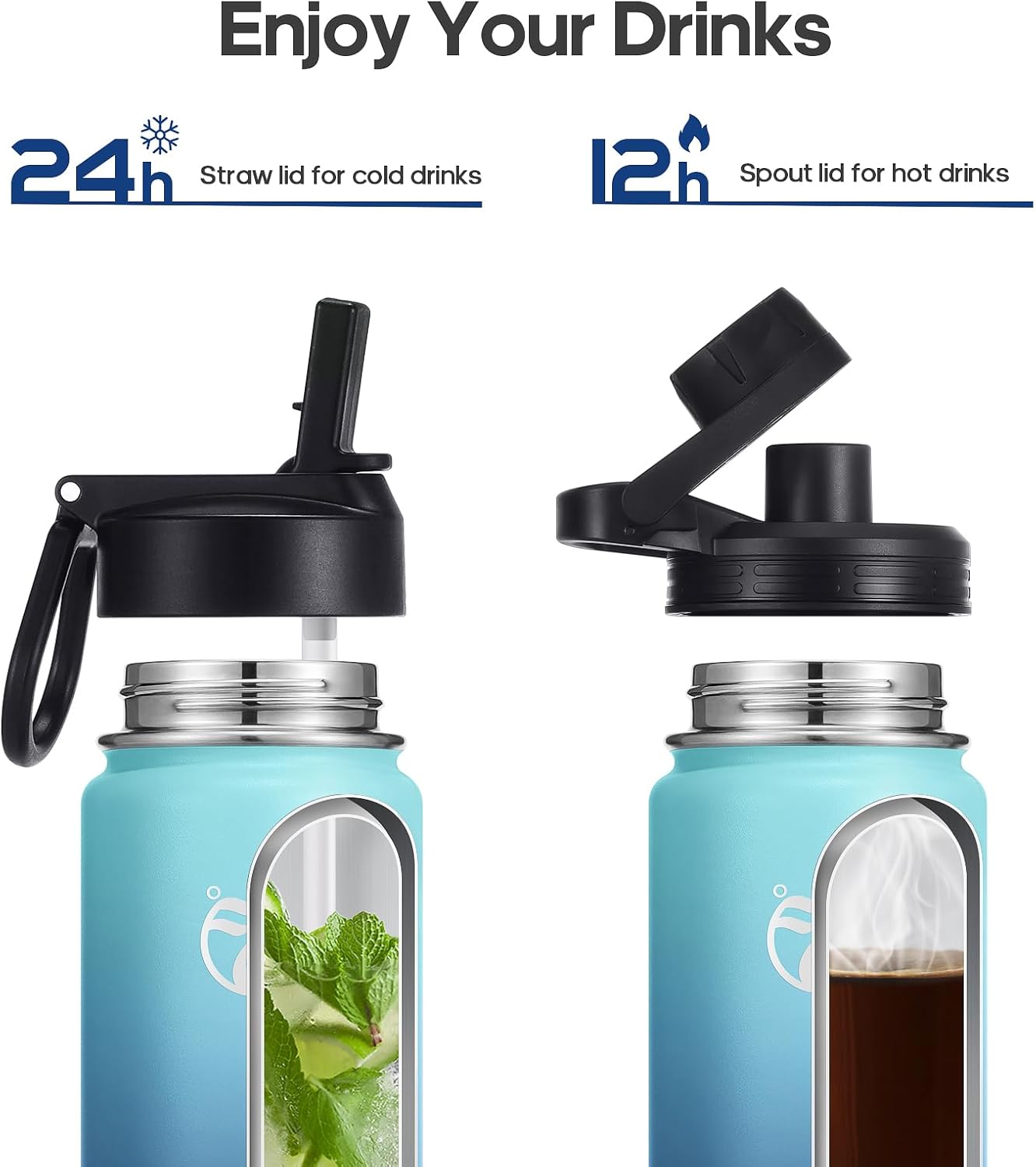 25oz Insulated Water Bottles with 2 Leak Proof Lids(Spout Lid and Straw Lid), Wide Mouth Sport Water Bottle with Straw, Stainless Steel Powder-Coated Water Flask, Double Walled Vacuum Thermos-1