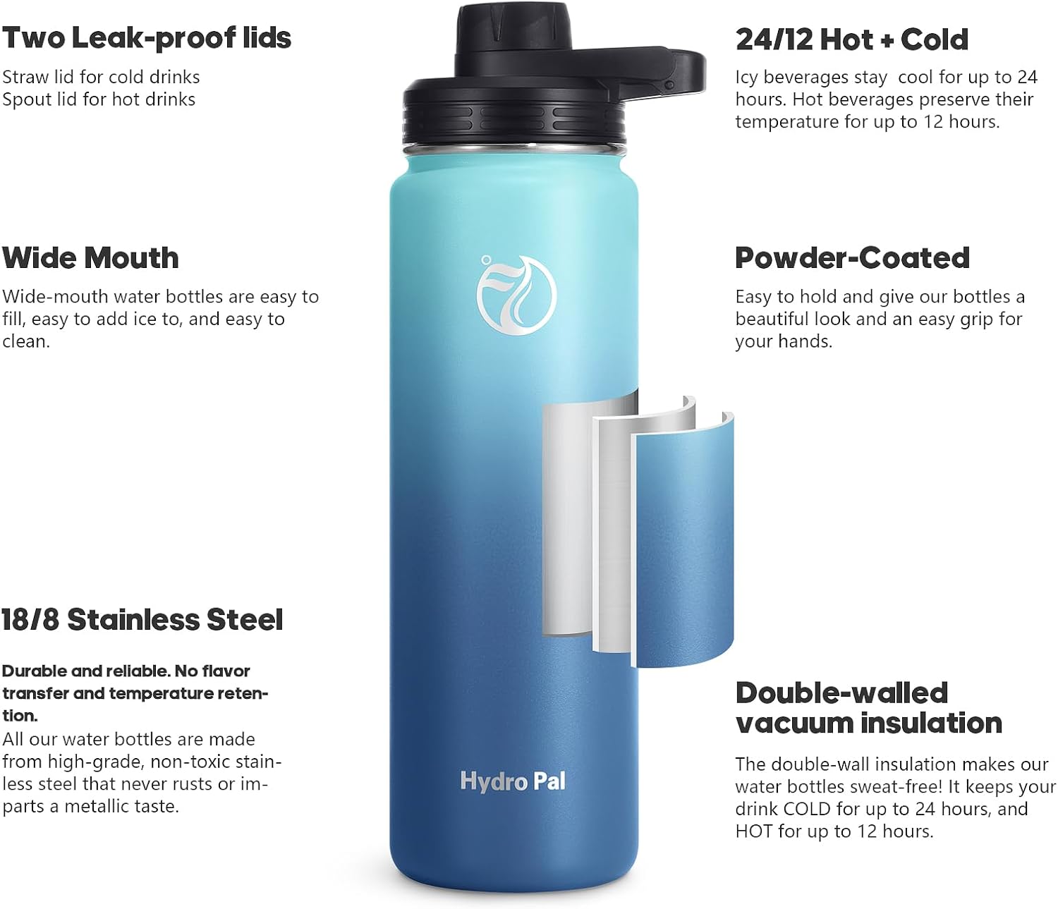 25oz Insulated Water Bottles with 2 Leak Proof Lids(Spout Lid and Straw Lid), Wide Mouth Sport Water Bottle with Straw, Stainless Steel Powder-Coated Water Flask, Double Walled Vacuum Thermos-2