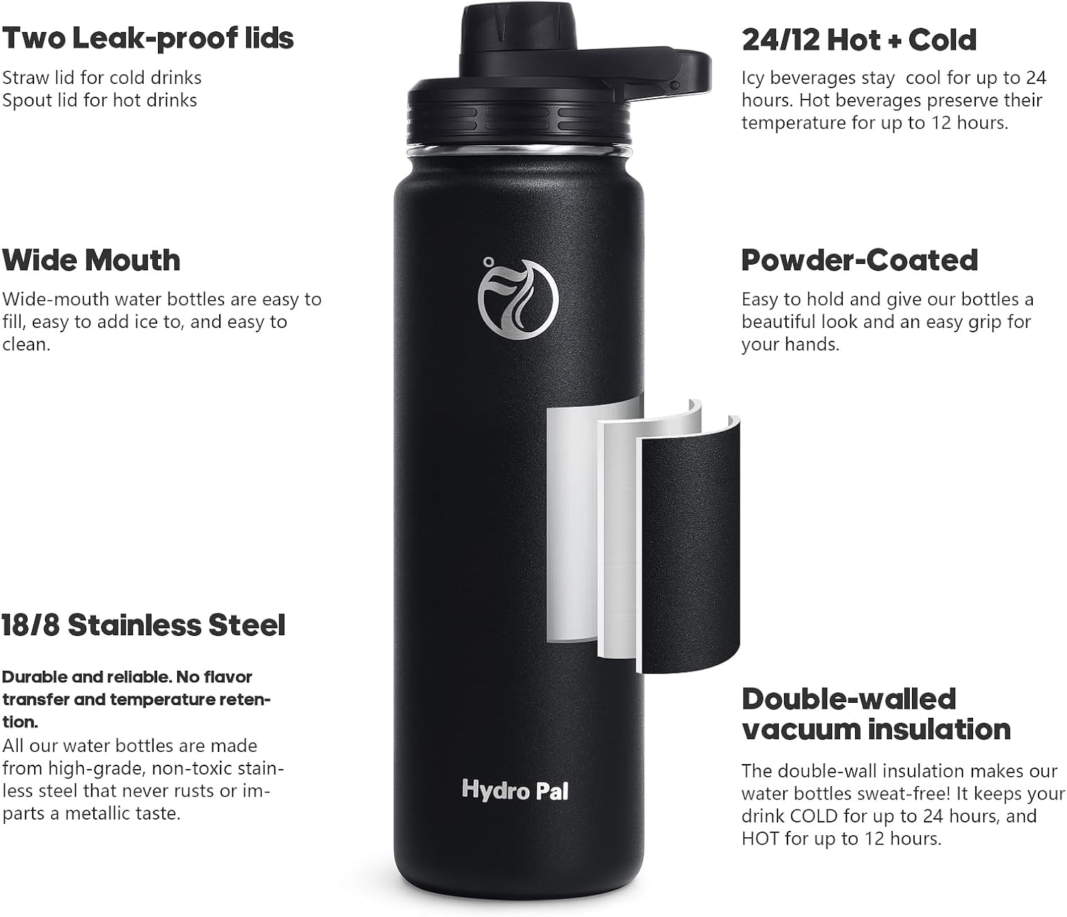 25oz Insulated Water Bottles with 2 Leak Proof Lids(Spout Lid and Straw Lid), Wide Mouth Sport Water Bottle with Straw, Stainless Steel Powder-Coated Water Flask, Double Walled Vacuum Thermos-2