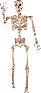 JOYIN 5.6 FT Halloween LED PosableSkeleton Full Body Realistic Bones with Red Light Eyes and Movable Joints for Halloween Indoor and Outdoor Decoration