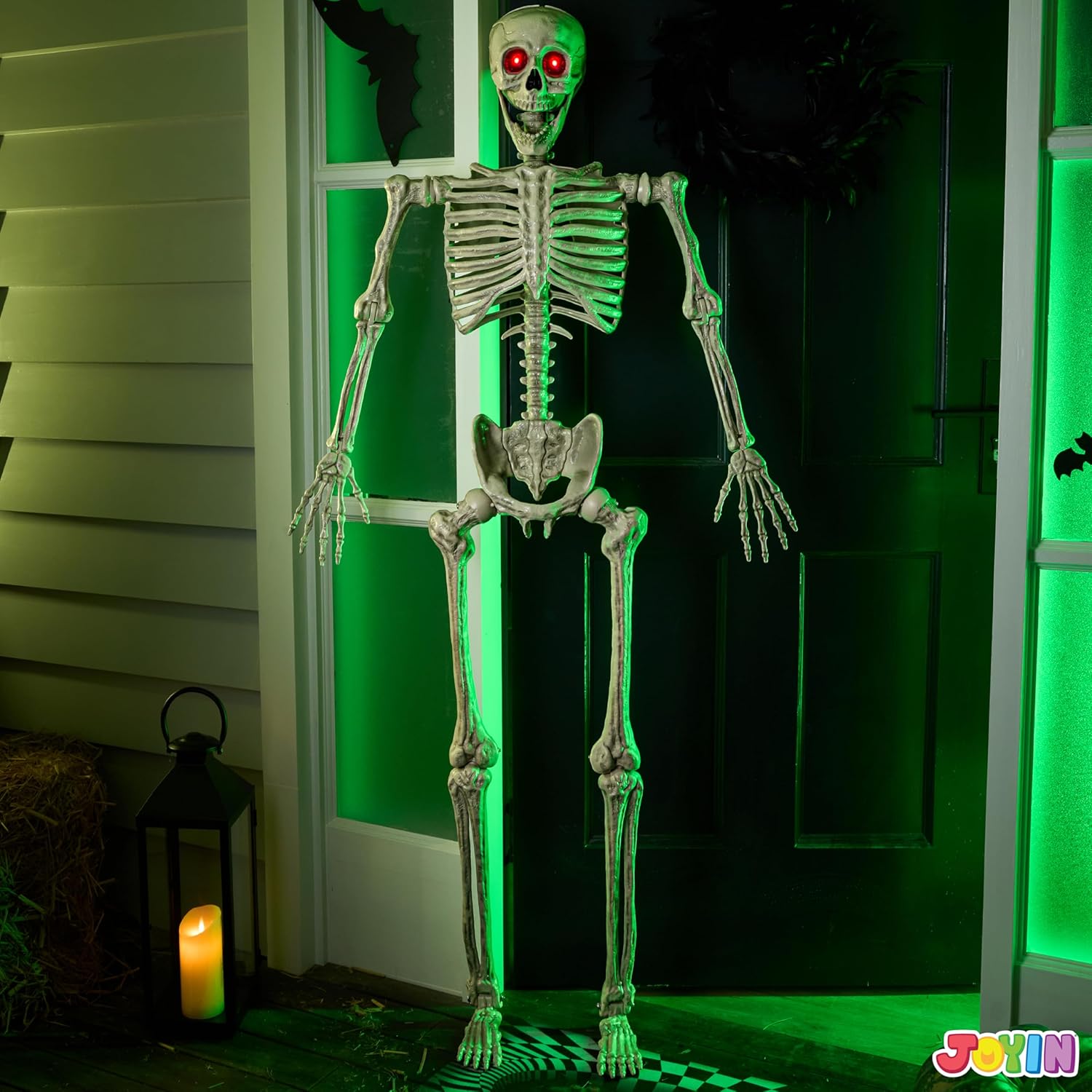 JOYIN 5.6 FT Halloween LED PosableSkeleton Full Body Realistic Bones with Red Light Eyes and Movable Joints for Halloween Indoor and Outdoor Decoration-3