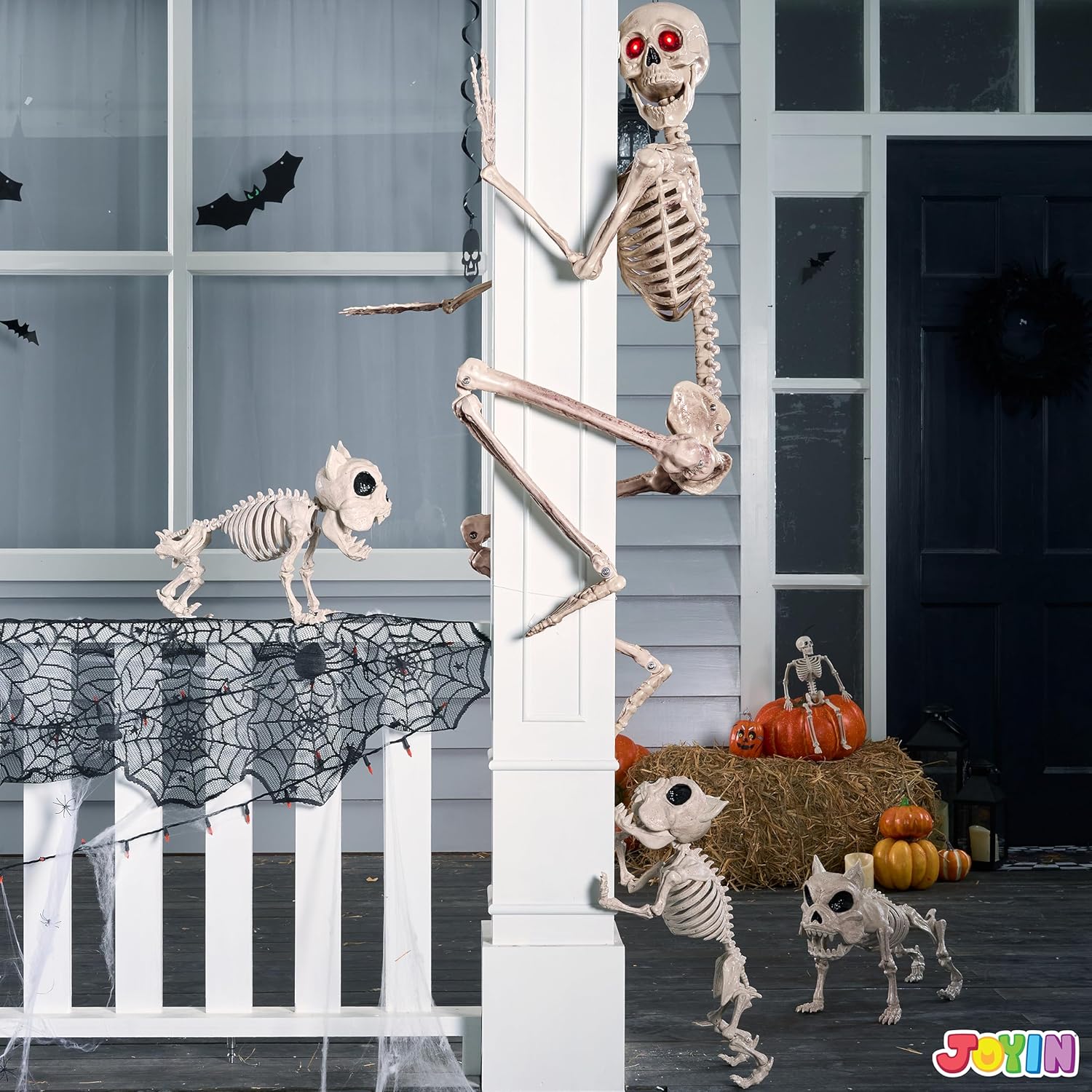 JOYIN 5.6 FT Halloween LED PosableSkeleton Full Body Realistic Bones with Red Light Eyes and Movable Joints for Halloween Indoor and Outdoor Decoration-6