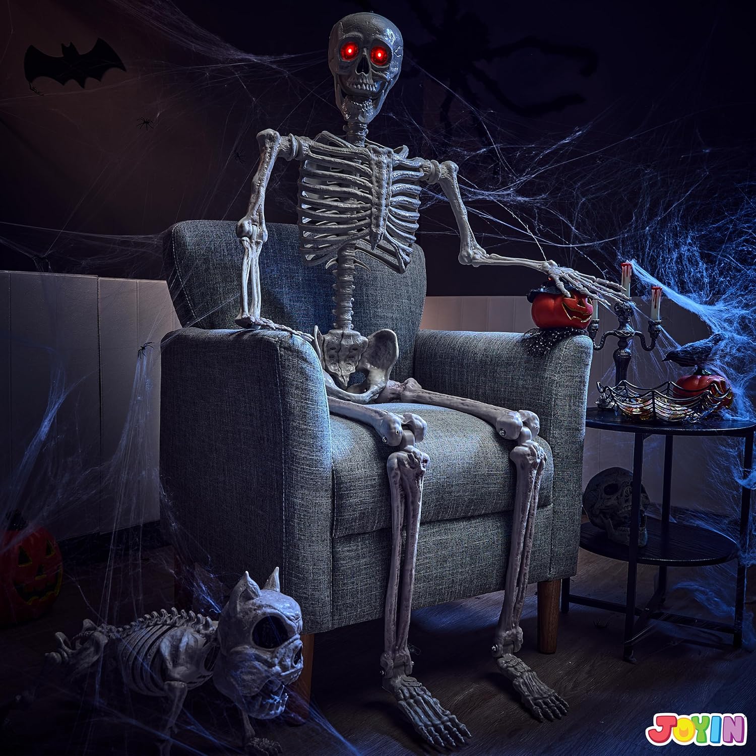 JOYIN 5.6 FT Halloween LED PosableSkeleton Full Body Realistic Bones with Red Light Eyes and Movable Joints for Halloween Indoor and Outdoor Decoration-7