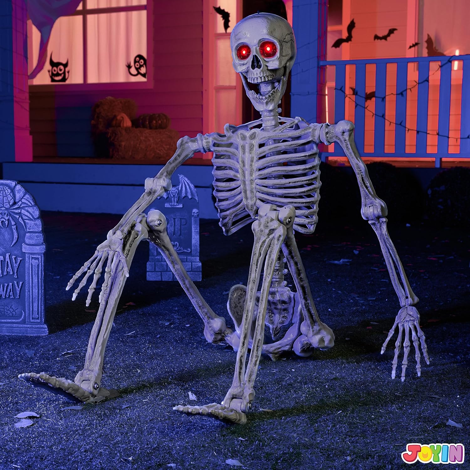 JOYIN 5.6 FT Halloween LED PosableSkeleton Full Body Realistic Bones with Red Light Eyes and Movable Joints for Halloween Indoor and Outdoor Decoration-8