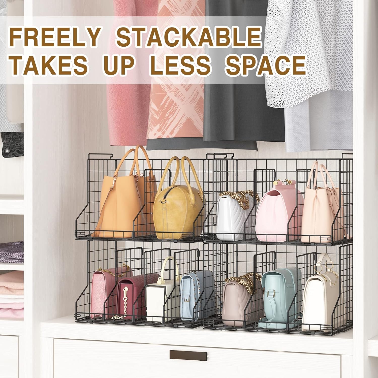 Sonyabecca Purse Storage Organizer for Closet : Adjustable Dividers Handbag Organizer - Stackable Wire Handbags Storage Baskets - Wallets Tote Chain Bags Clutches-5