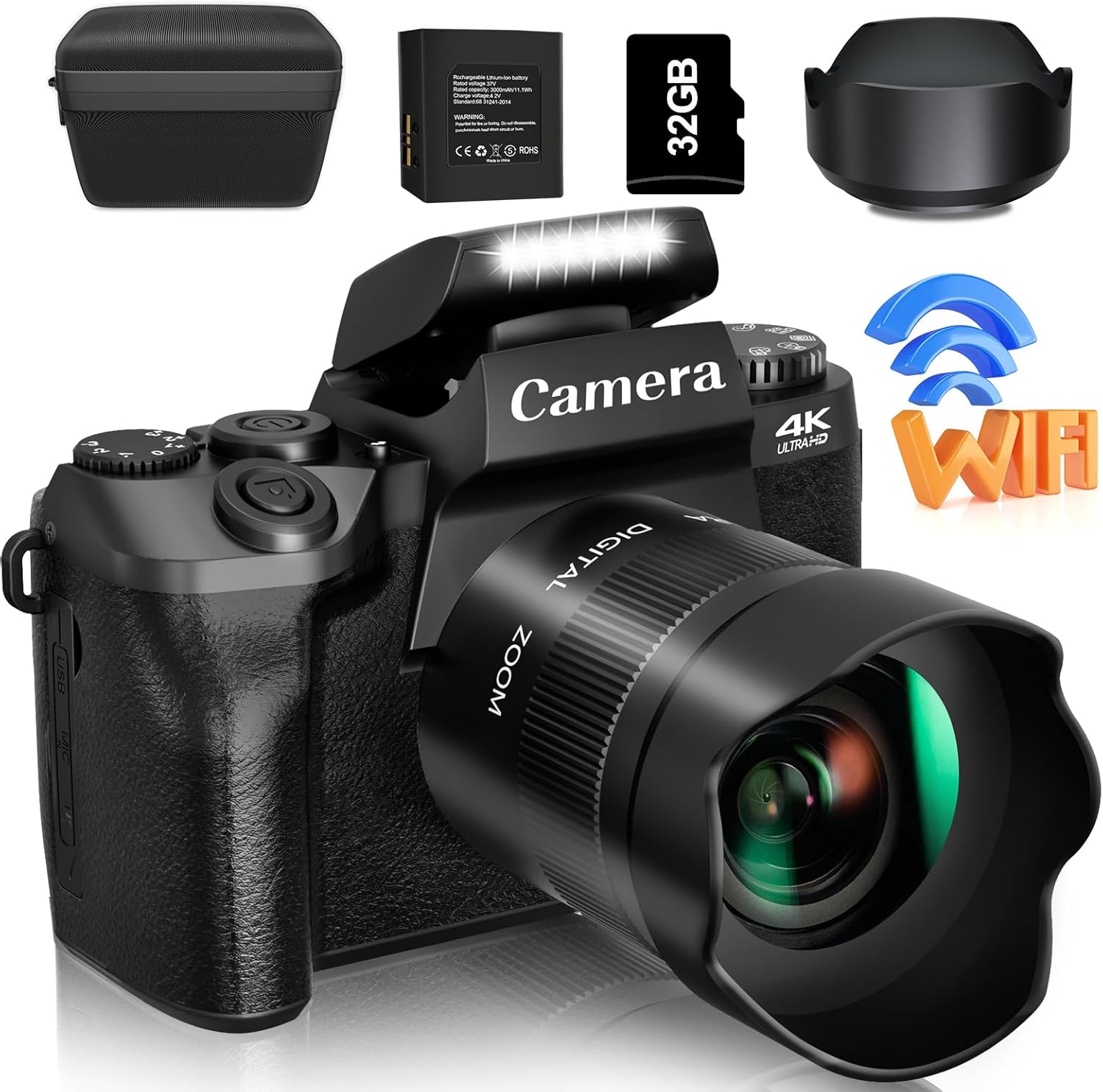 Saneen Digital Camera, 4k Cameras for Photography & Video, 64MP WiFi Touch Screen Vlogging Camera for YouTube with Flash, 32GB SD Card, Lens Hood, 3000mAH Battery, Front and Rear Cameras - Black-0