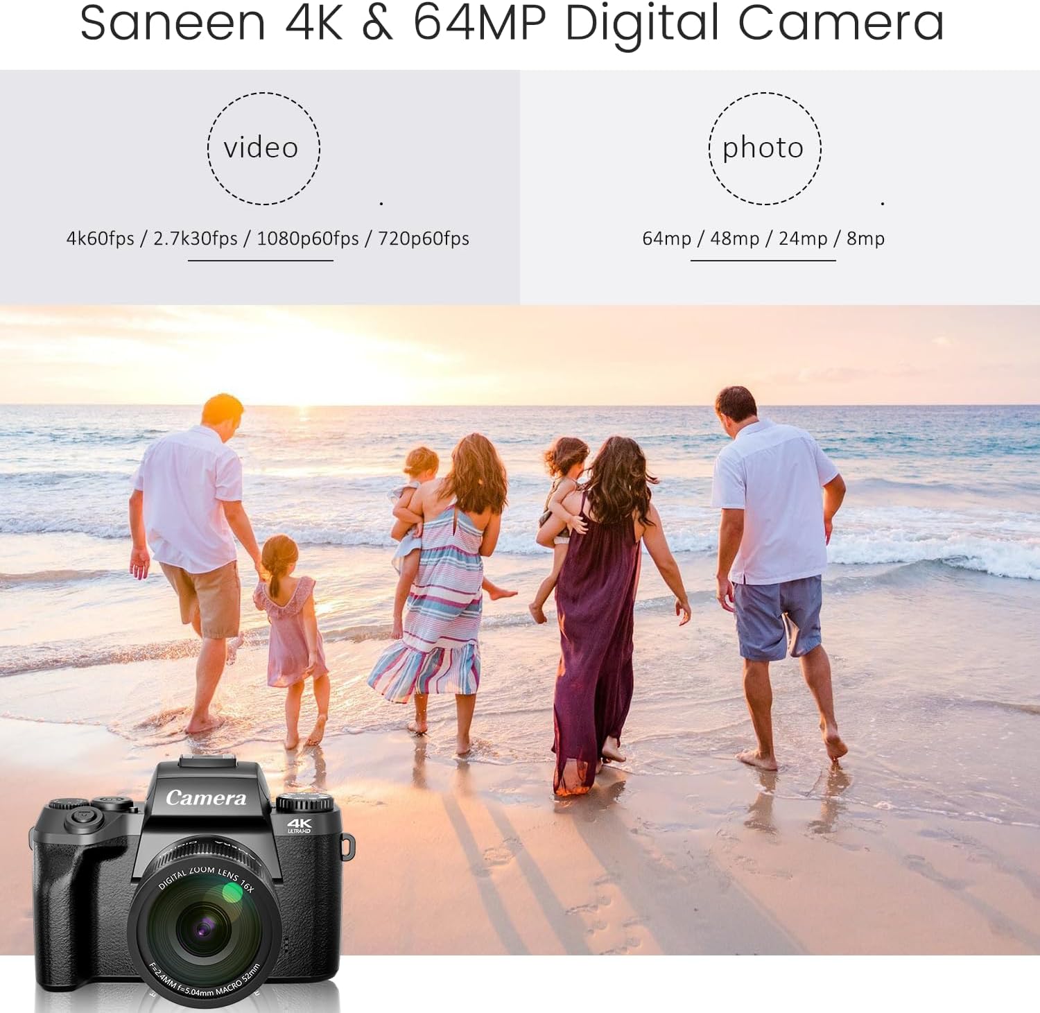 Saneen Digital Camera, 4k Cameras for Photography & Video, 64MP WiFi Touch Screen Vlogging Camera for YouTube with Flash, 32GB SD Card, Lens Hood, 3000mAH Battery, Front and Rear Cameras - Black-1