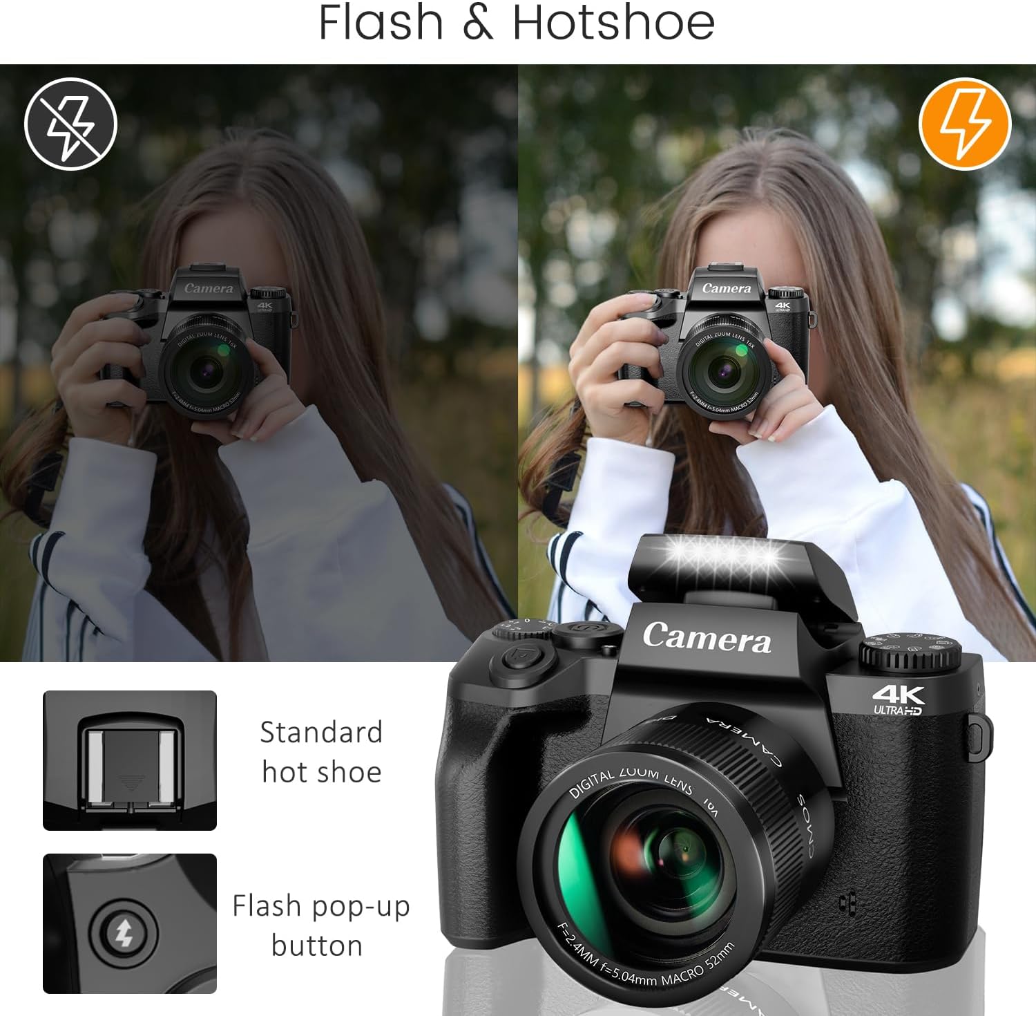 Saneen Digital Camera, 4k Cameras for Photography & Video, 64MP WiFi Touch Screen Vlogging Camera for YouTube with Flash, 32GB SD Card, Lens Hood, 3000mAH Battery, Front and Rear Cameras - Black-4