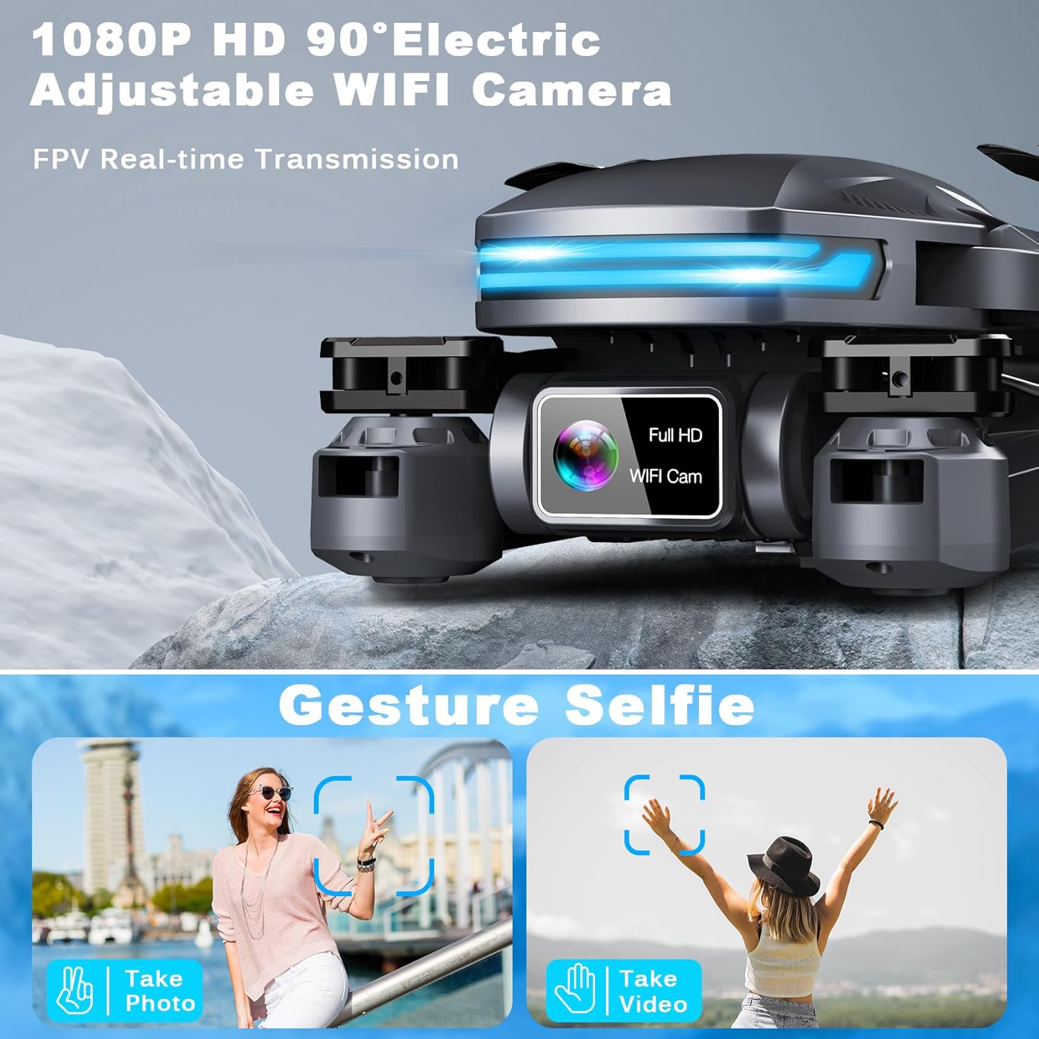 Drone with Camera for Adults, 1080P FPV Drones for kids Beginners with Upgrade Altitude Hold, Voice Control, Gestures Selfie, 90° Adjustable Lens, 3D Flips, 2 Batteries-1