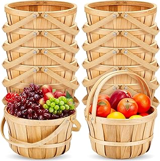 Marsui 10 Pcs 11 x 6.5'' Large Round Wooden Basket Apple Baskets Fruit Bushel Baskets Farmers Fall Harvest Portable Garden Basket with Handle for Storage Organizing Personal or Commercial Use