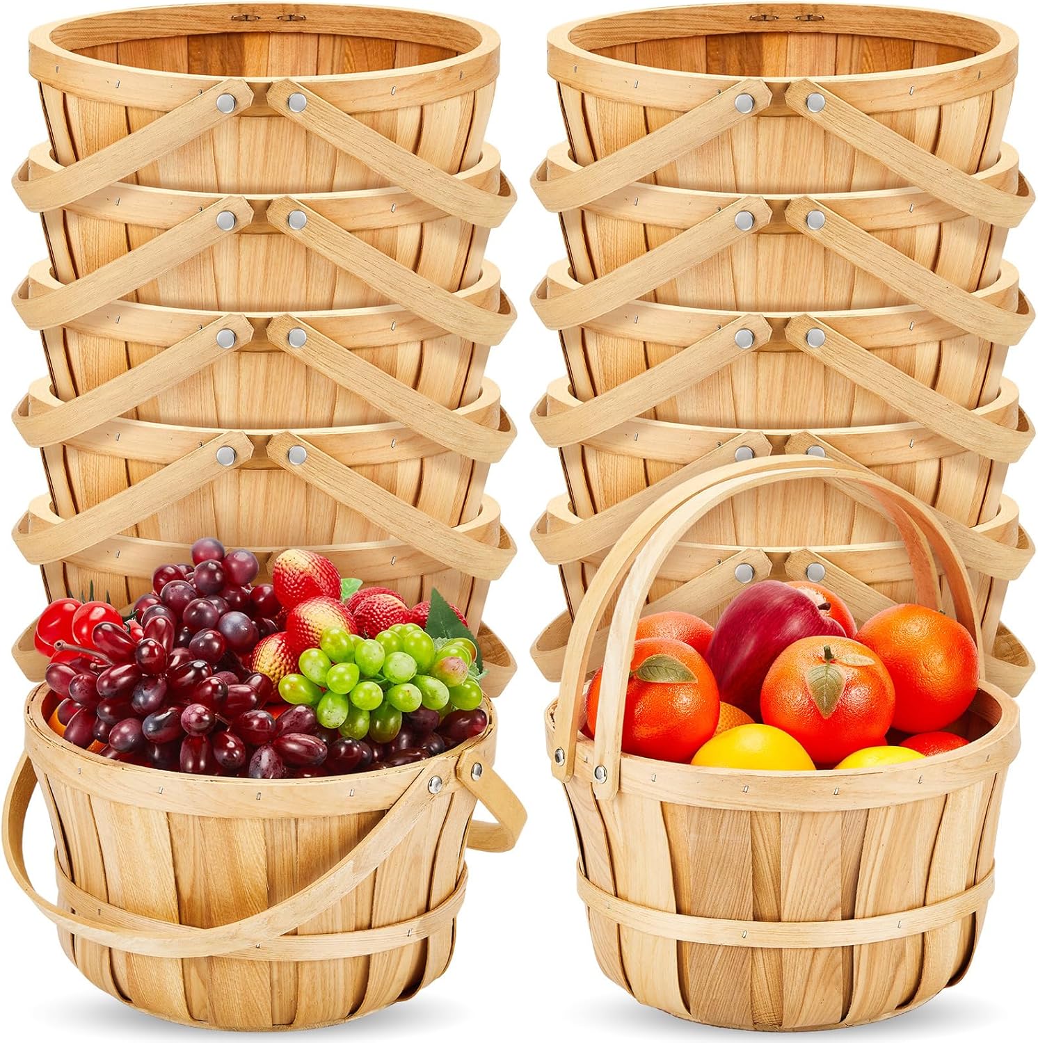 Marsui 10 Pcs 11 x 6.5'' Large Round Wooden Basket Apple Baskets Fruit Bushel Baskets Farmers Fall Harvest Portable Garden Basket with Handle for Storage Organizing Personal or Commercial Use-0