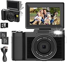 4K Digital Camera for Photography, Autofocus 48MP Vlogging Camera for YouTube with 16X Digital Zoom Macro Camera, 3’’180°Flip Screen Compact Video Camera with Liftable Flash, SD Card&2 Batteries