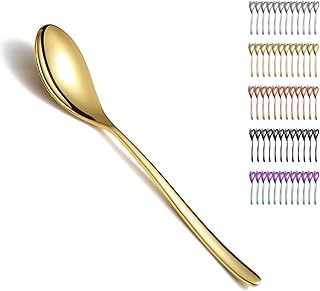 Kyraton Gold Dinner Spoons Set of 12 Pieces, 8" Titanium Golden Plating Stainless Steel Table Spoons, Soup Spoons, Spoons Silverware Set, Dishwasher Safe