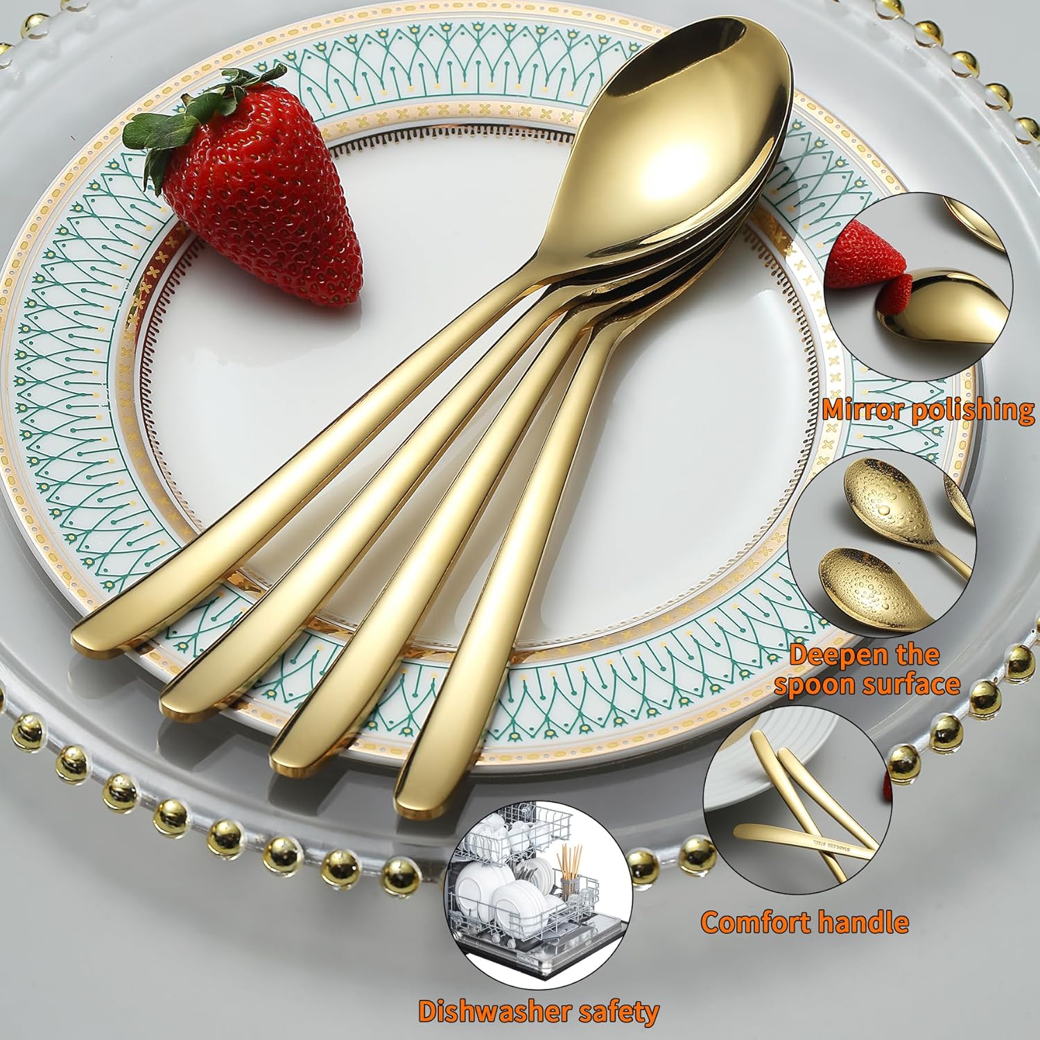 Kyraton Gold Dinner Spoons Set of 12 Pieces, 8" Titanium Golden Plating Stainless Steel Table Spoons, Soup Spoons, Spoons Silverware Set, Dishwasher Safe-3